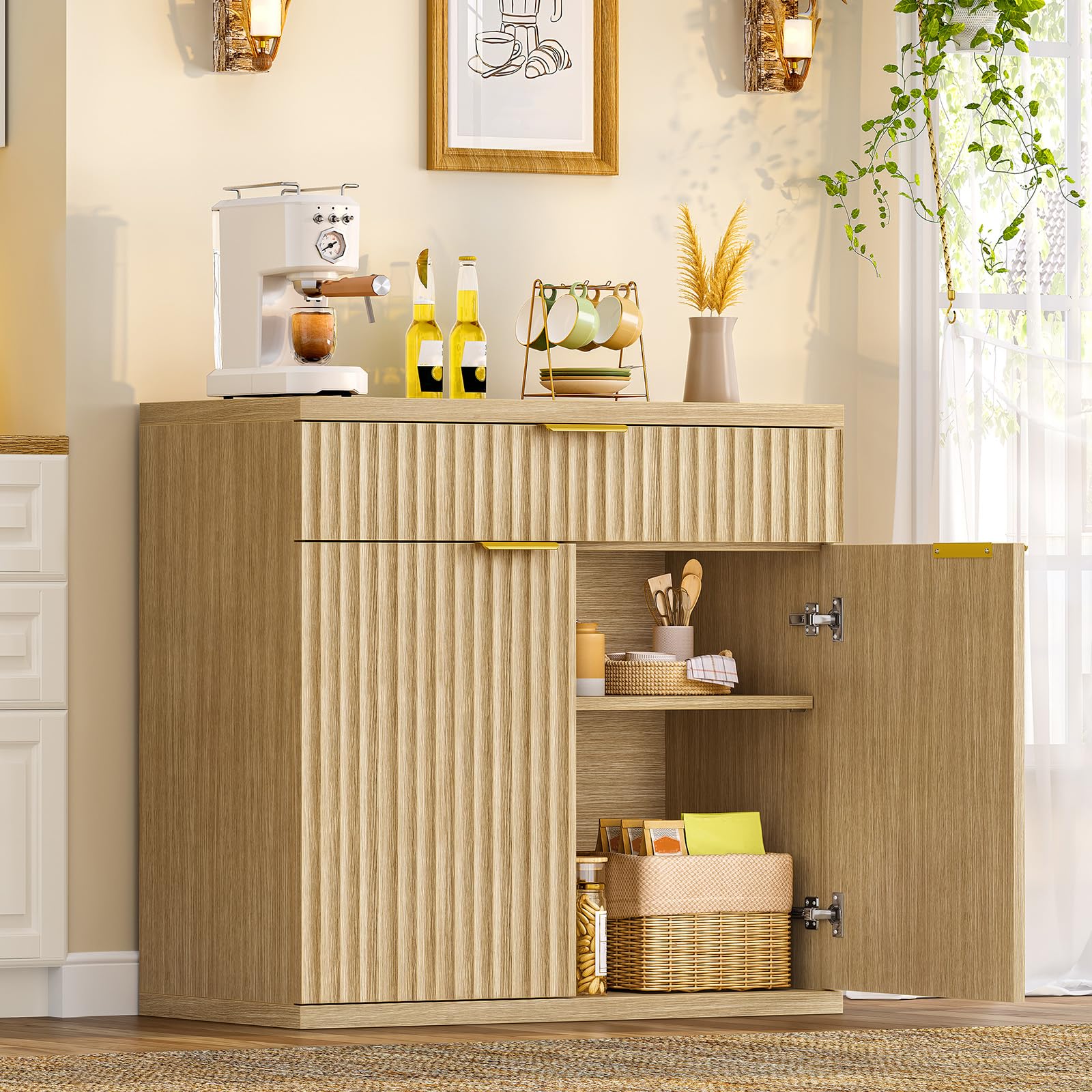 TEENFON Credenza Cucina Scanalata, Mobile con Cassetto e Ripiano Regolabile, Mobiletto Cucina in Legno Naturale con Maniglie Dorate, Credenza Soggiorno per cucina, soggiorno, ingresso-80x38x80cm
