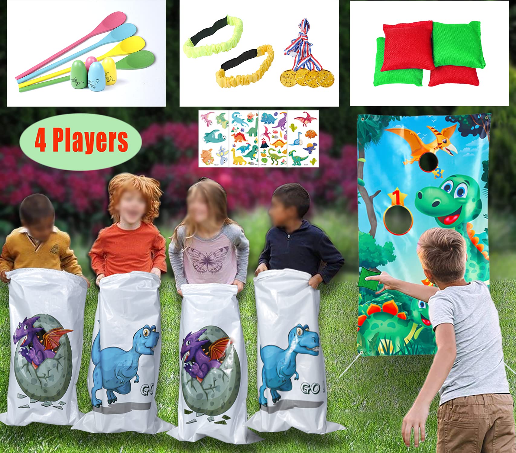 4 Players Dinosaur Theme Outdoor Lawn GamesPotato Sack Race Bags,Egg
