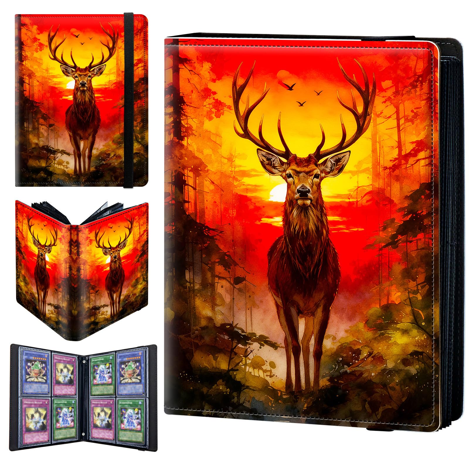 4 Pocket Trading Card Binder 160 Side Loading Pocket Album with Watercolor Sunset Forest Deer Pattern Design Card Binder for Sports Cards & Game Cards