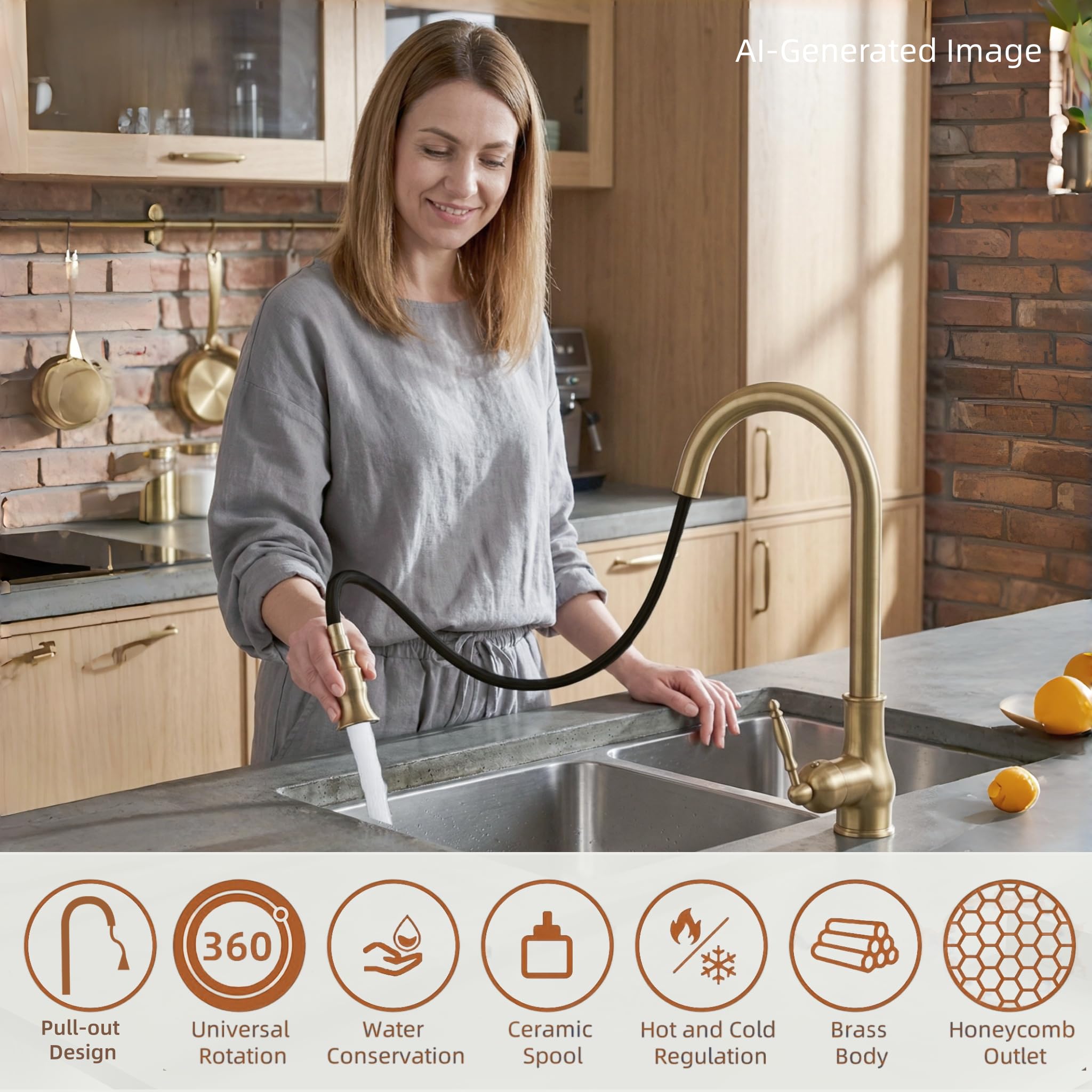 Grifo de Cocina de Latón Antiguo Extraíble, Giratorio 360° Mezclador de Fregadero Retro con Arco Alto Estilo Vintage