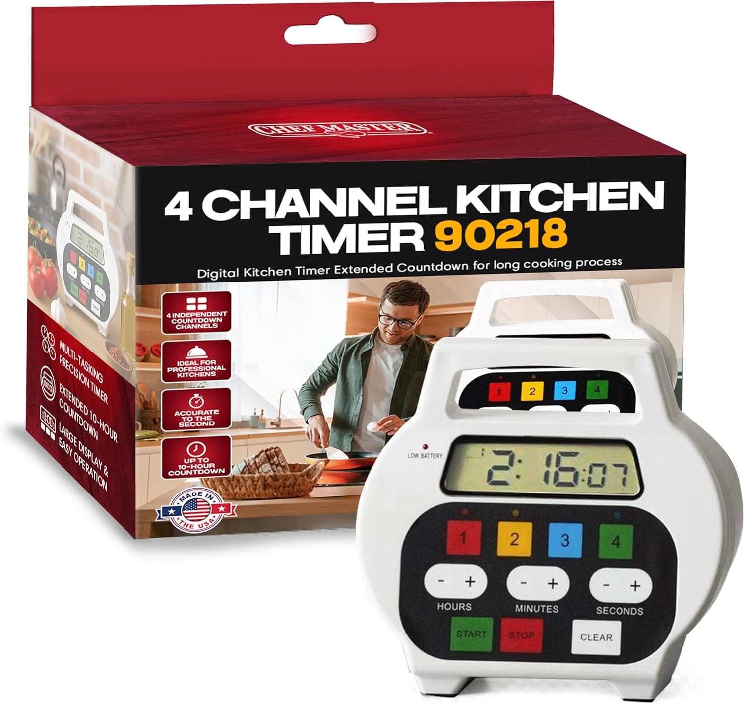 Chef Master 4-Channel Digital Kitchen Timer – Timer for Cooking, Baking & Grilling – LED Display Clock with Independent Countdown Functions for Food Preparation, Roasting, & Tracking - 90218