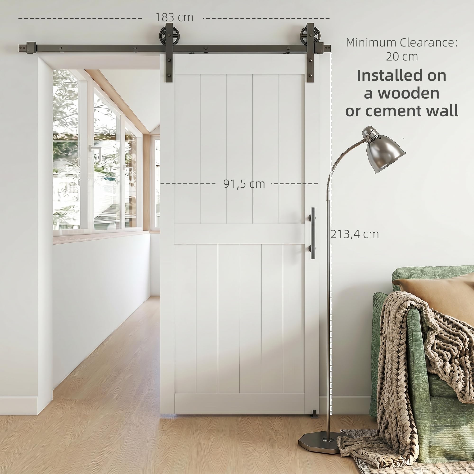 HOMCOM Porta Scorrevole Esterna Muro 91.5x213.4cm, Binario Acciaio, Maniglia Migliorato, Ruote, Porta da Interno in Stile Industriale, in MDF e Legno Pino, Impermeabile, per Cucina, Bagno, Soggiorno