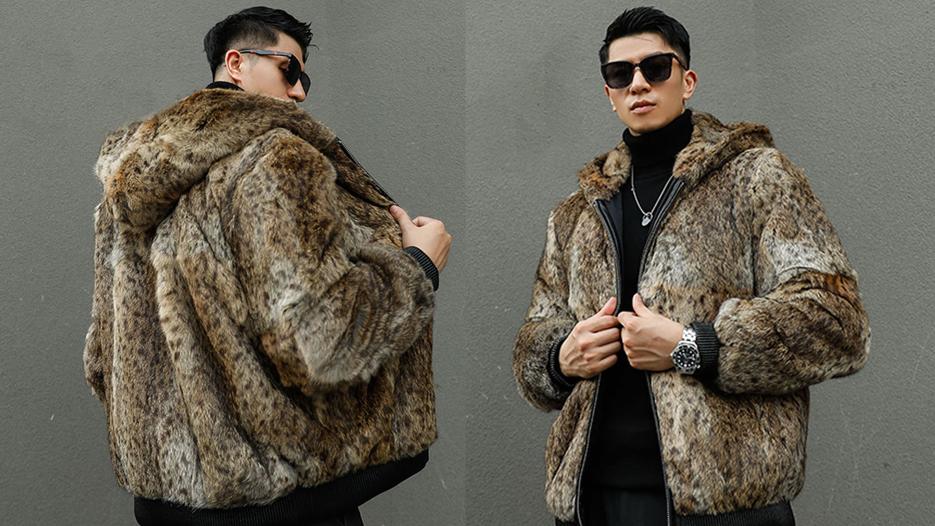 Denny&Dora Men's Rabbit Fur Jacket Leopard print color Hooded