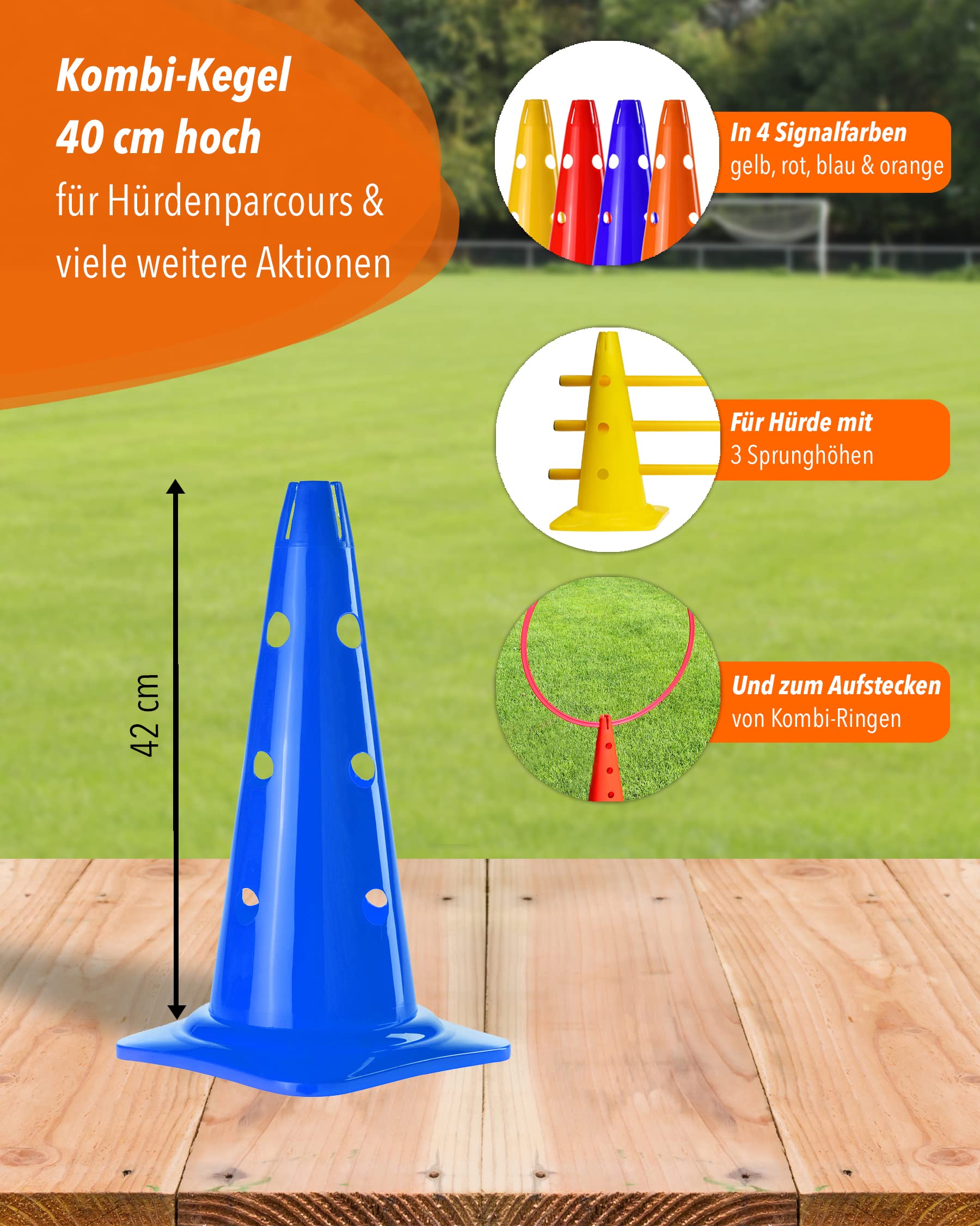 Kombi Kegel 40 – 4er Set – für den Aufbau von Hürden- oder Slalom-Parcours für Agility-Training – Sprung & Slalom für Hund, Sport, Pferd & Kind
