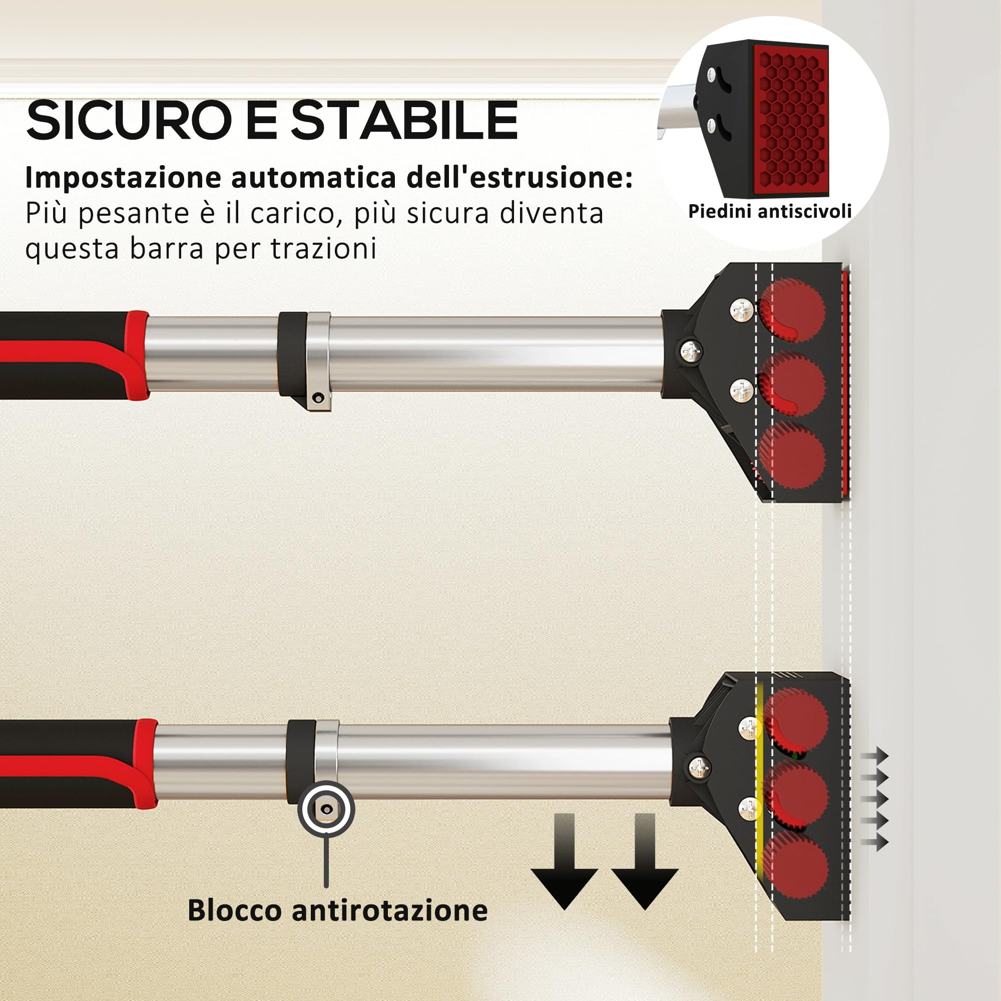 SPORTNOW Sbarra per Trazioni a Larghezza Regolabile 75-92 cm con Impugnature Antiscivolo, Barra Trazioni in Acciaio, ABS e Plastica, Carico 200kg, per Allenamento a Casa, Rosso e Nero