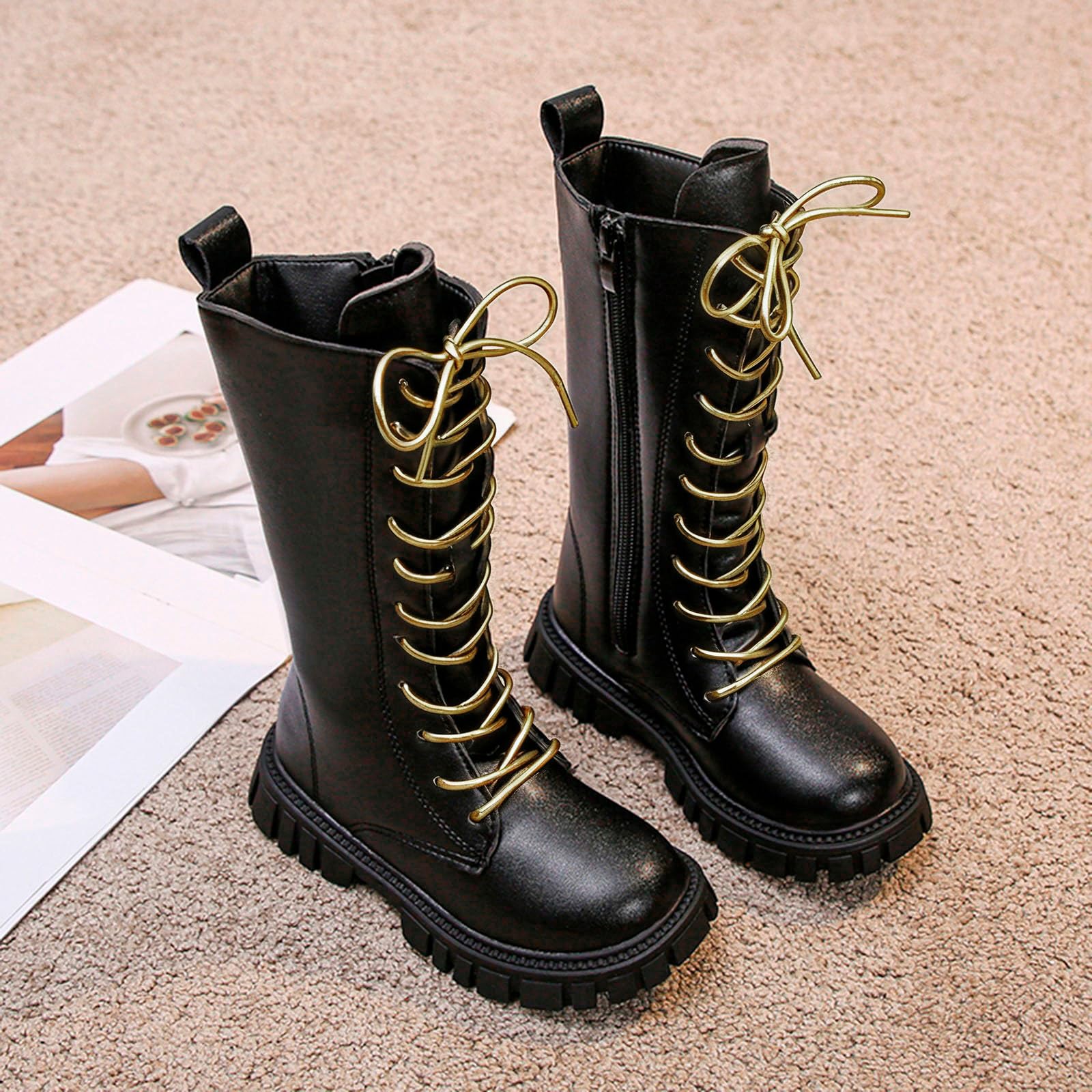 Bottes Et Bottines Enfant Fille, Botte Blanche Cowboy Enfant Chaussures Montantes Cuir Éclair Latérale Avec Lacets Semelle Caoutchouc Antidérapante Bout Rond Pour École Loisirs Quotidien Automne