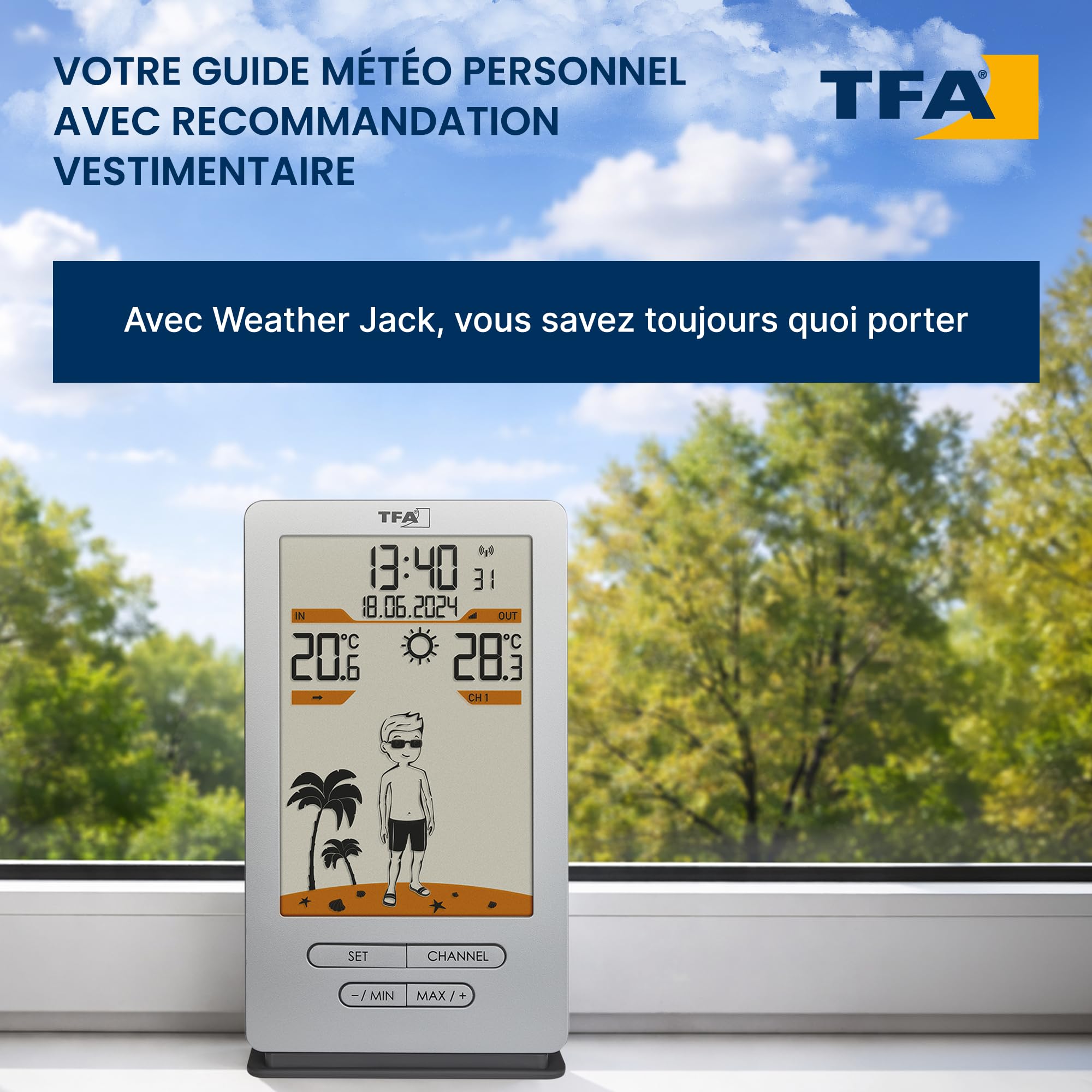 TFA Dostmann Station météo sans fil Weather Jack, 35.1166.54, température extérieure/intérieure, capteur ext, prévisions météo, avec suggestions de vêtements, argenté