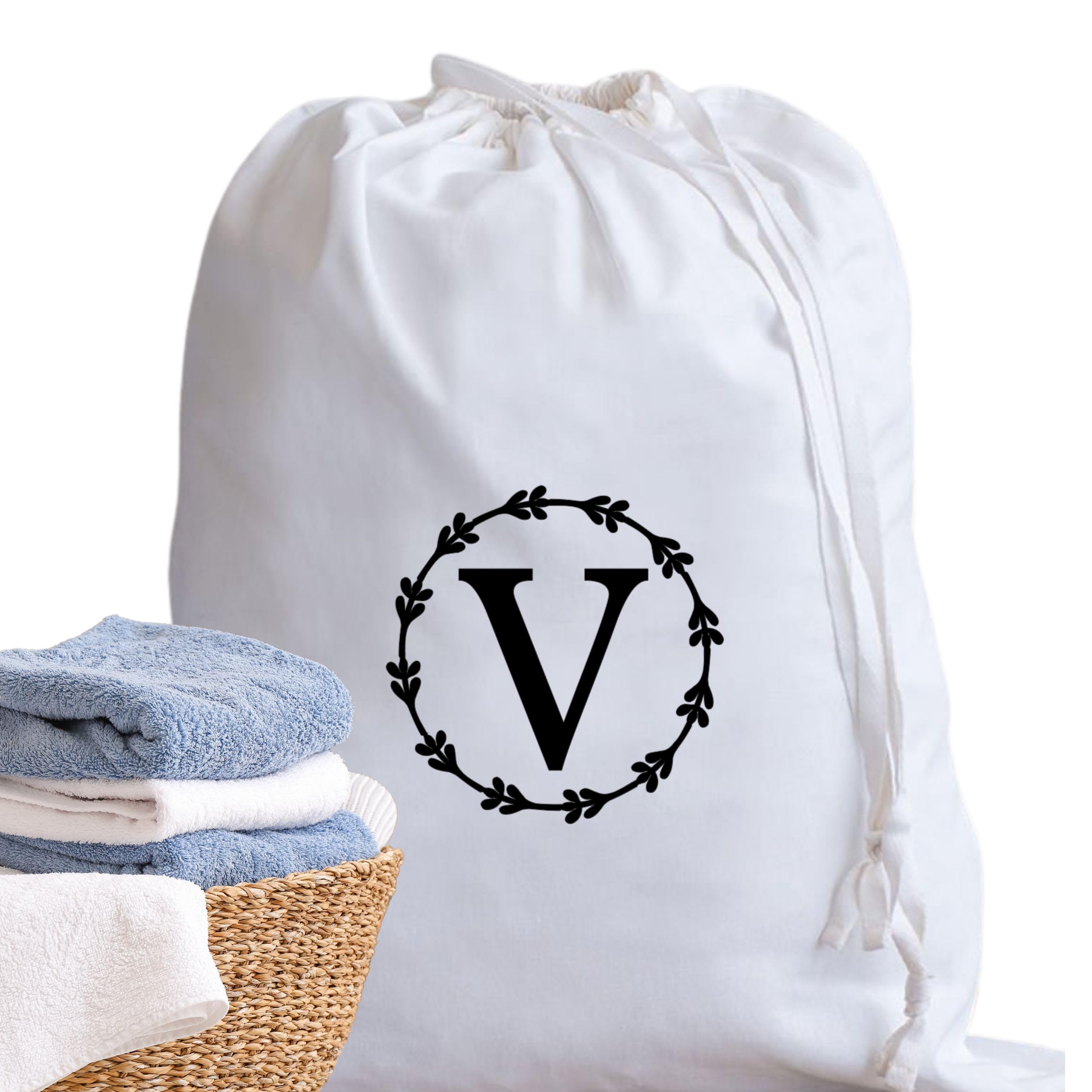 A-Z Cotton Laundry Bag Personalised Initial Gifts - Holiday Essentials Bathroom Accessory Dry Bag Drawstring Bags for Travel Camping University Essentials Personalised Gift Monogram V