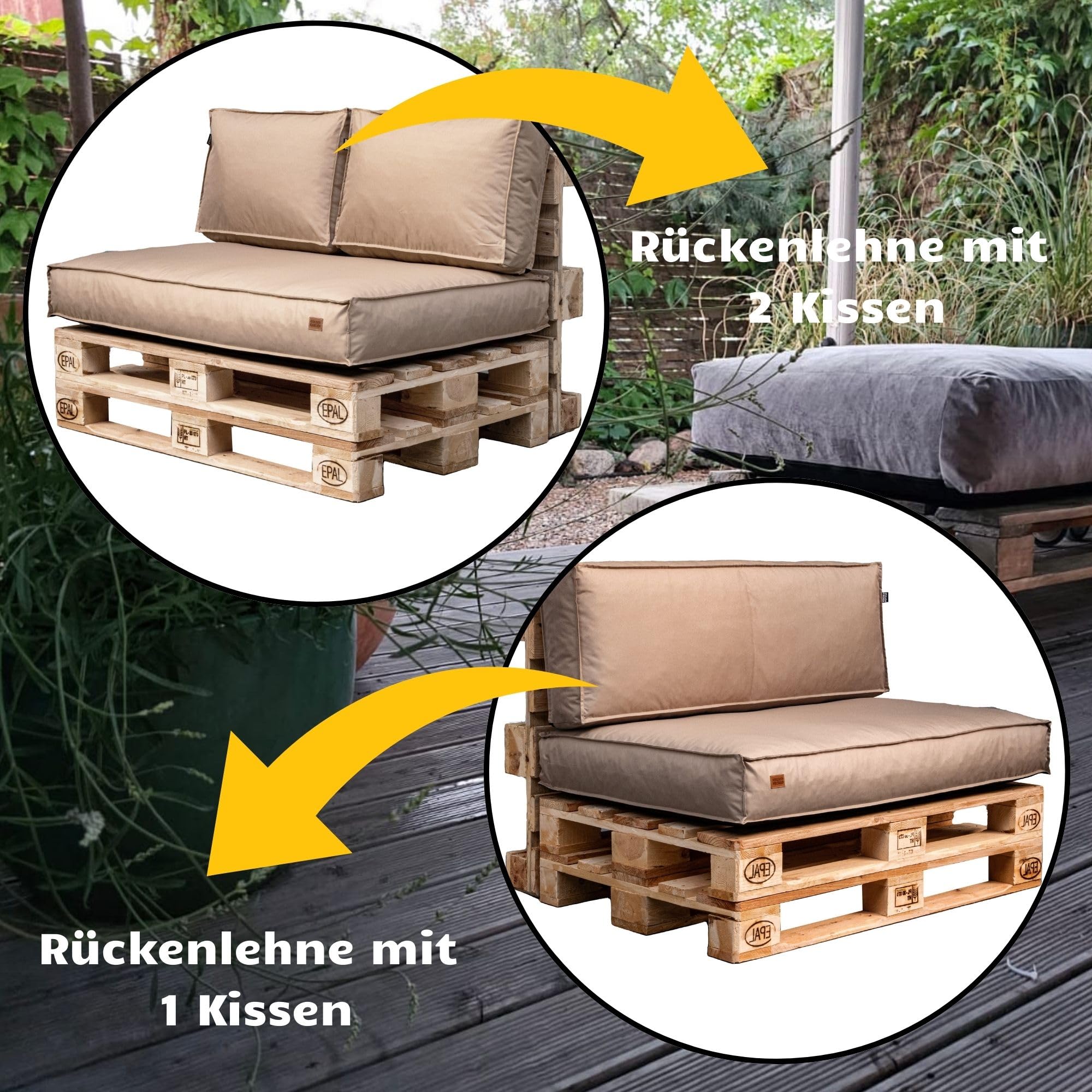 GoldenGroup Gartenset Kissen für Palettenmöbel Cappuccino - Strapazierfähiges Gewebe - Palettenkissen Set Gefüllt mit Schaumgranulat - 120x80x10 Sitzkissen - (2X) 60x40x15 Rückenkissen