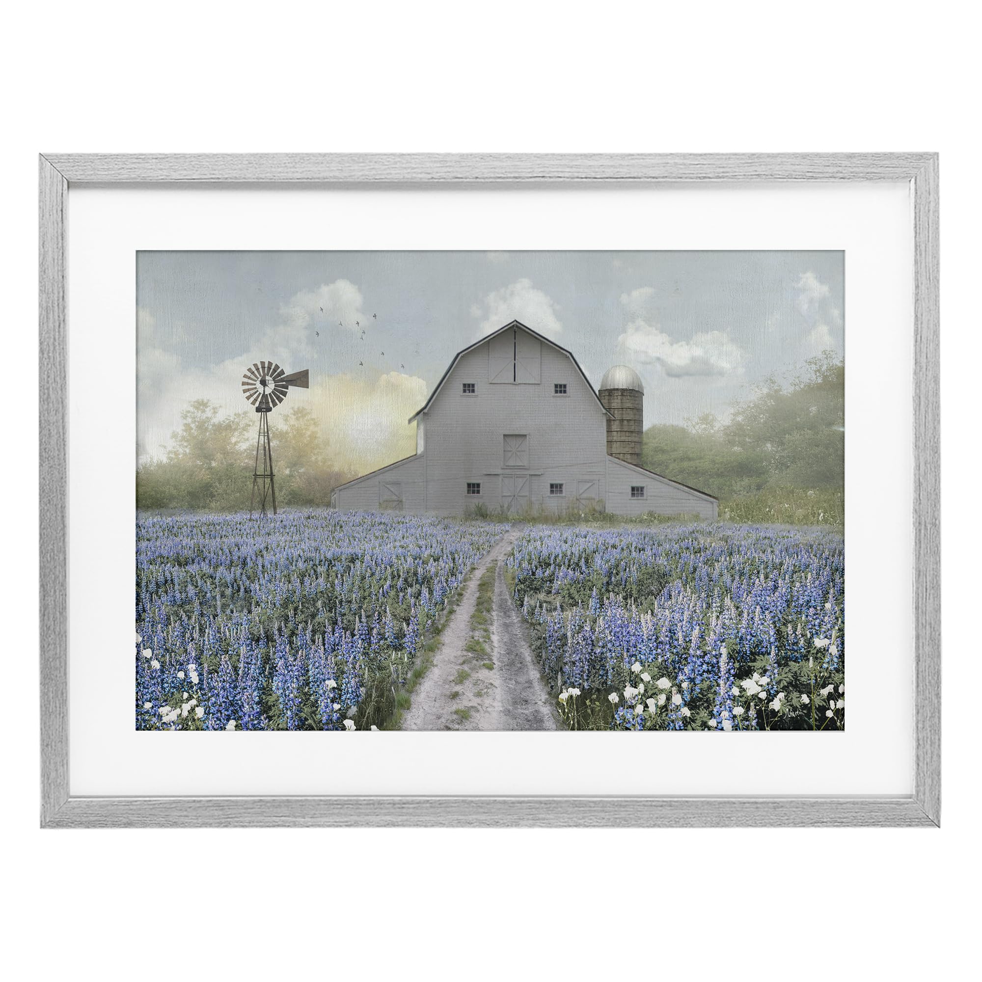 Stupell Industries 'Meadow of Blue Flowers & Barn', Framed Print Under Glass, Gray, 20 x 14 Inches, Easy to Hang and Sturdy, Made in USA, by Nan