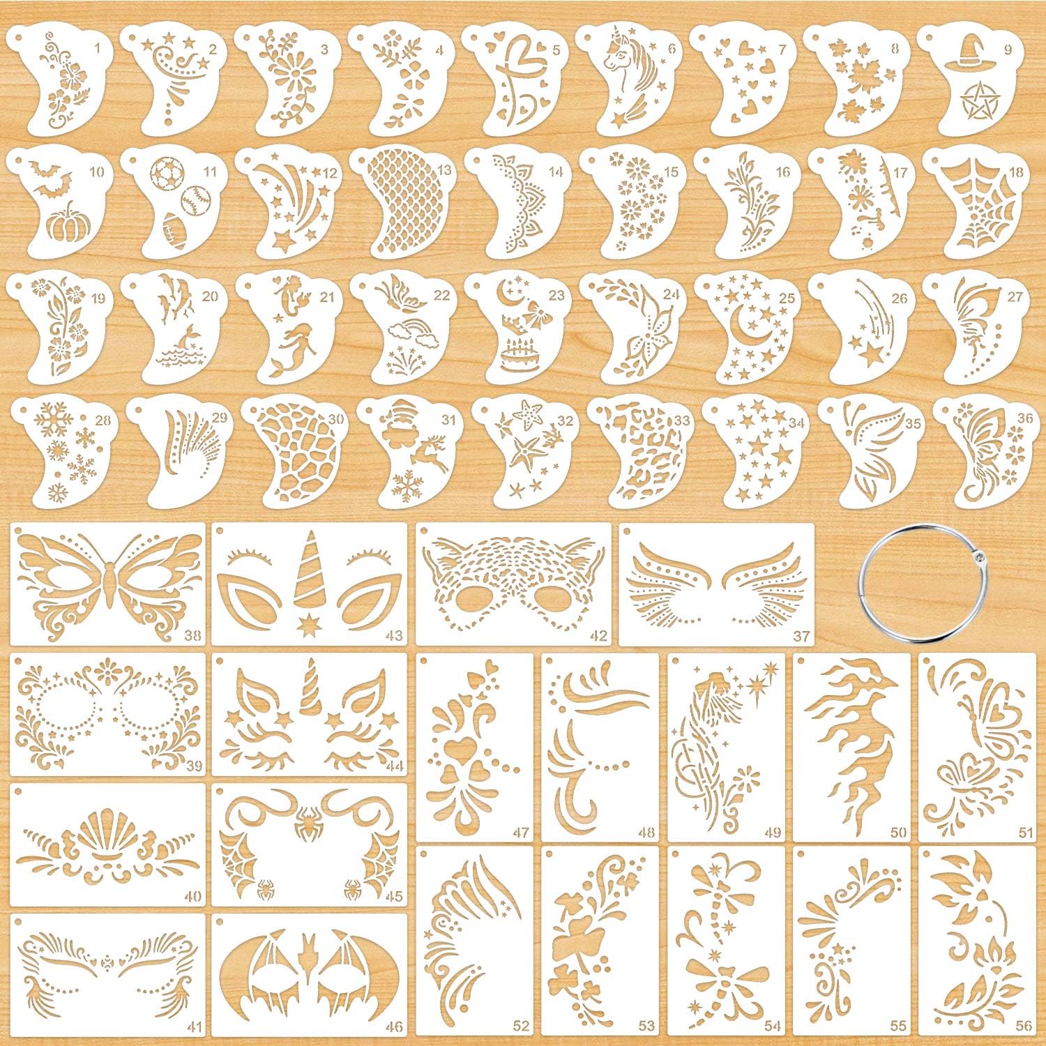 56 Pieces Face Paint Stencils, Reusable Halloween Body Facial Painting Templates, Facepaint for Makeup Halloween Party Art Painting-picture-27