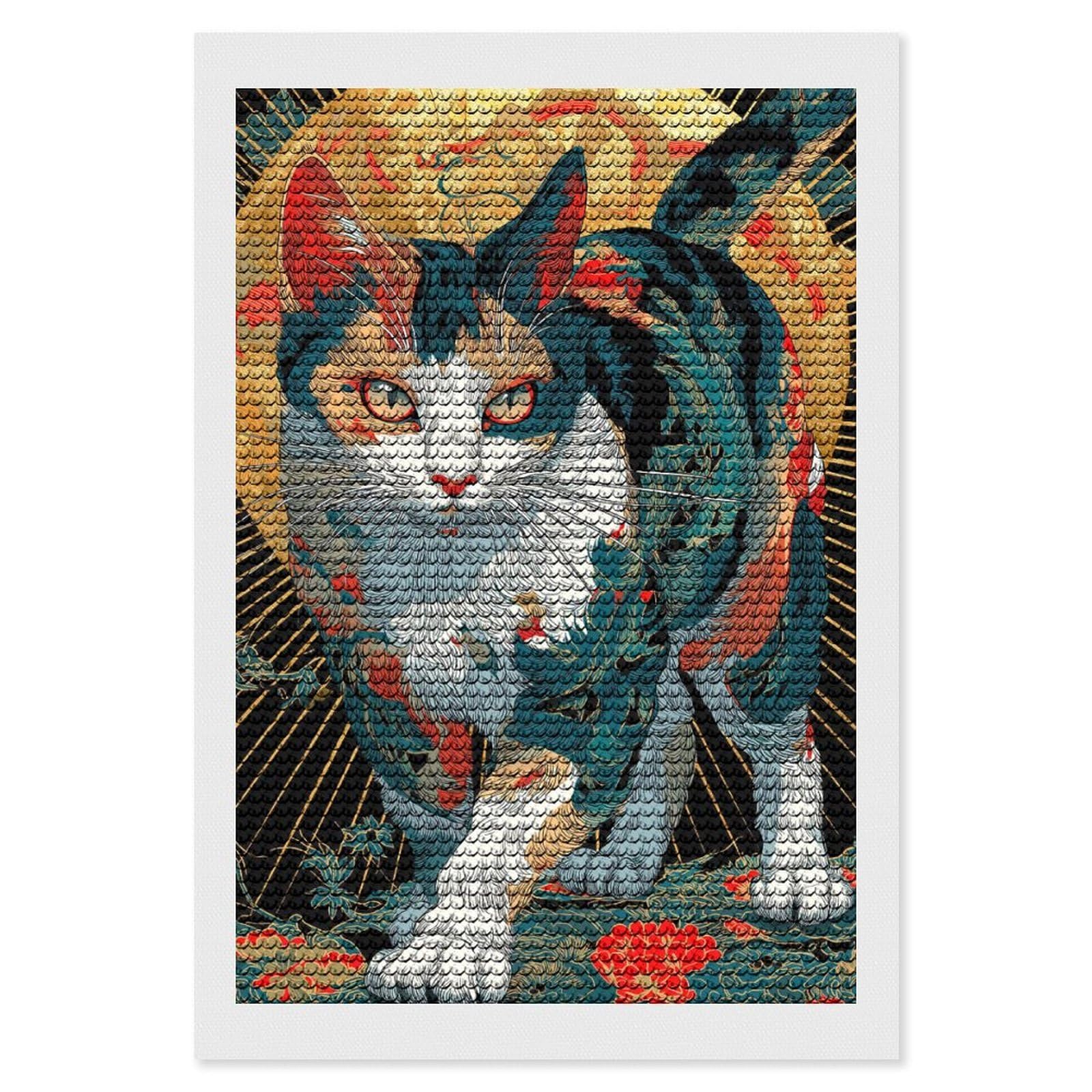 Junmoney Ornate Cat Illustration Diamond Painting Kit 8"x12", Festive Craft Gift, Bedroom Decor, Full Kit Included, Creative Gift Idea