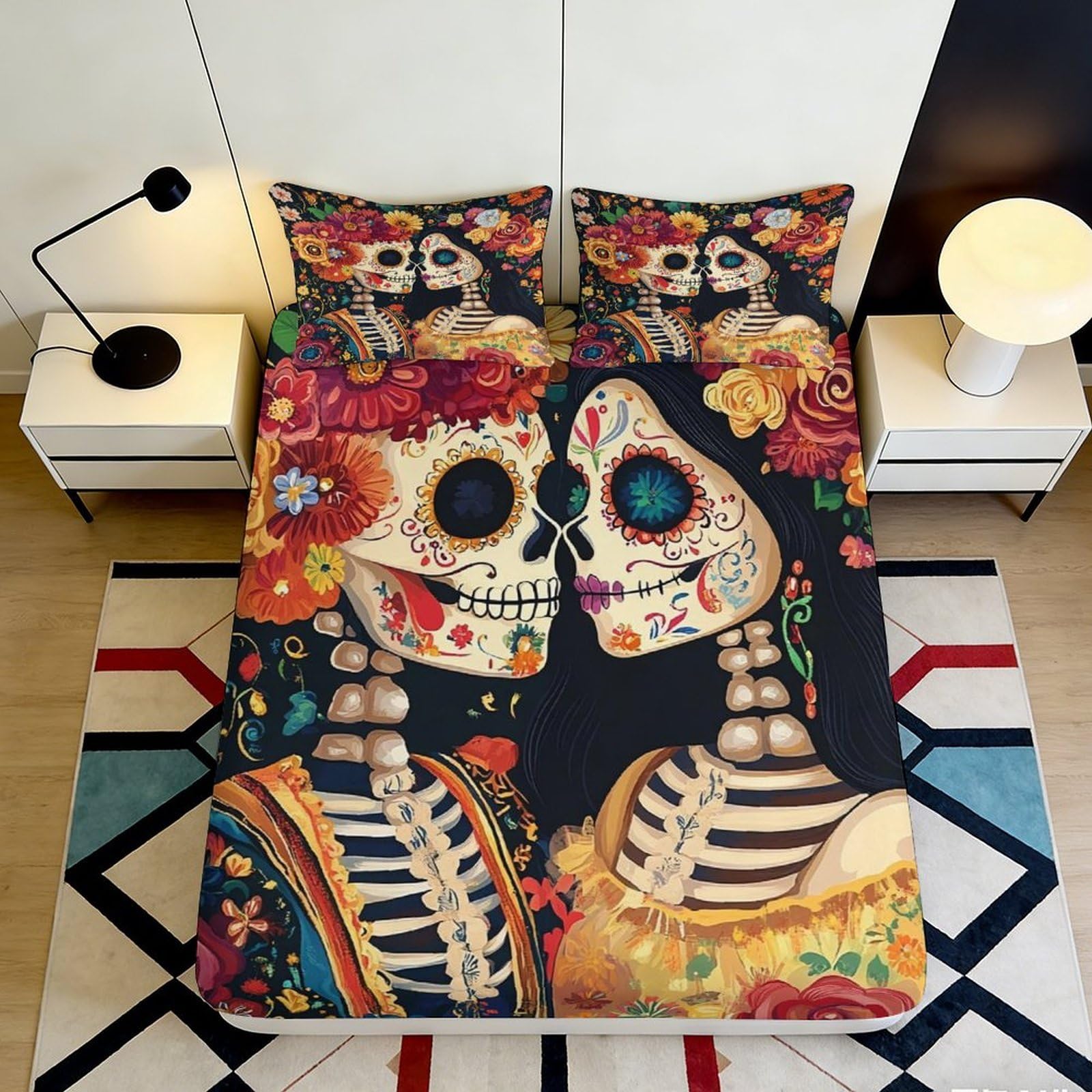 3D Printed Day of the Dead Skeleton Fitted Sheet Microfiber Soft Breathable Floral Skull Bed Cover for Bedroom Decor 90x200x25cm
