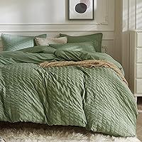 Vista 24 de JELLYMONI Funda de Edredón Color Caqui Tamaño King, Juego de Ropa de Cama de Microfibra Lavada de 3 Piezas, Juego de Funda de Edredón de Seersucker
