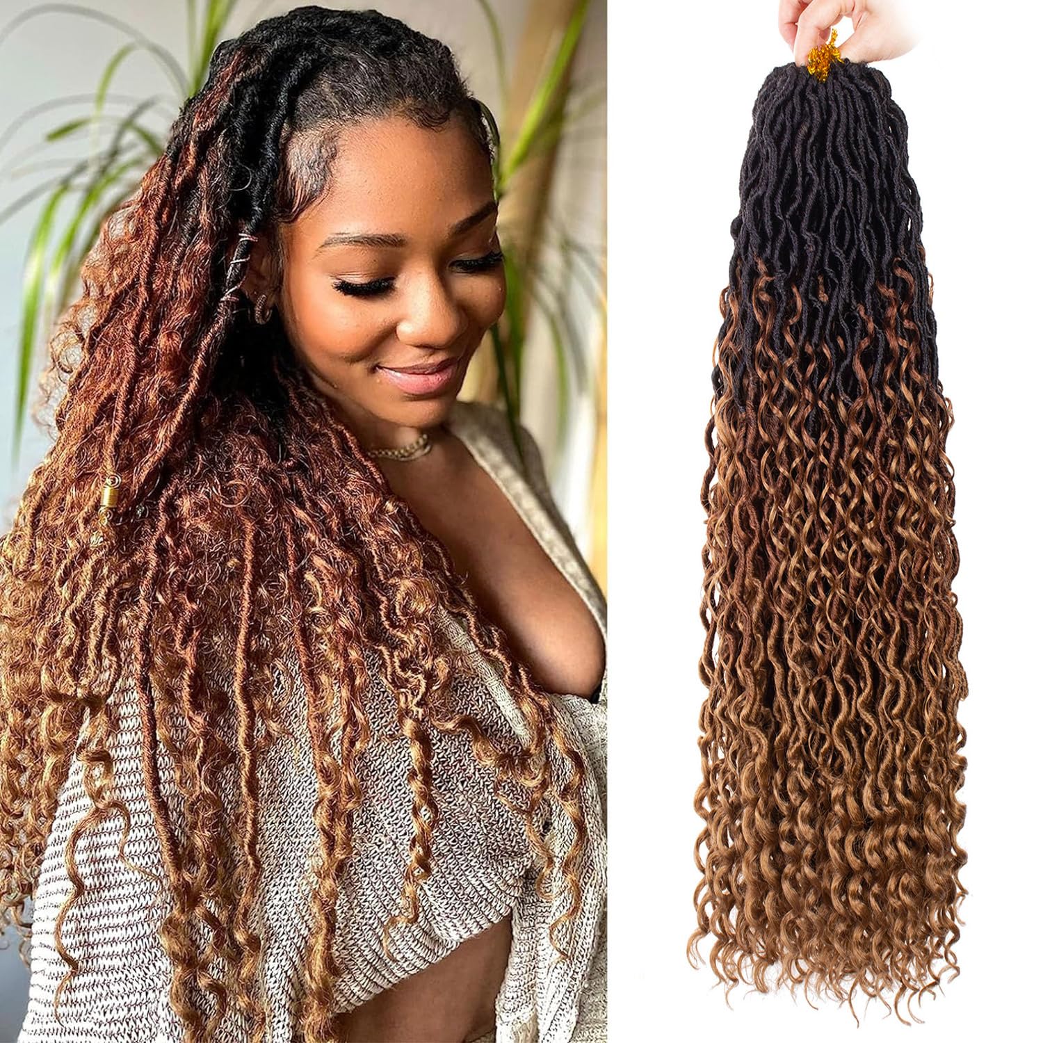 ZRQ 30 Inch Goddess Locs Crochet Hair 8 Packs Ombre Boho Faux Locs Crochet Braids, 3Tone Pre looped Bohmian Locs With Curly End Synthetic Boho River