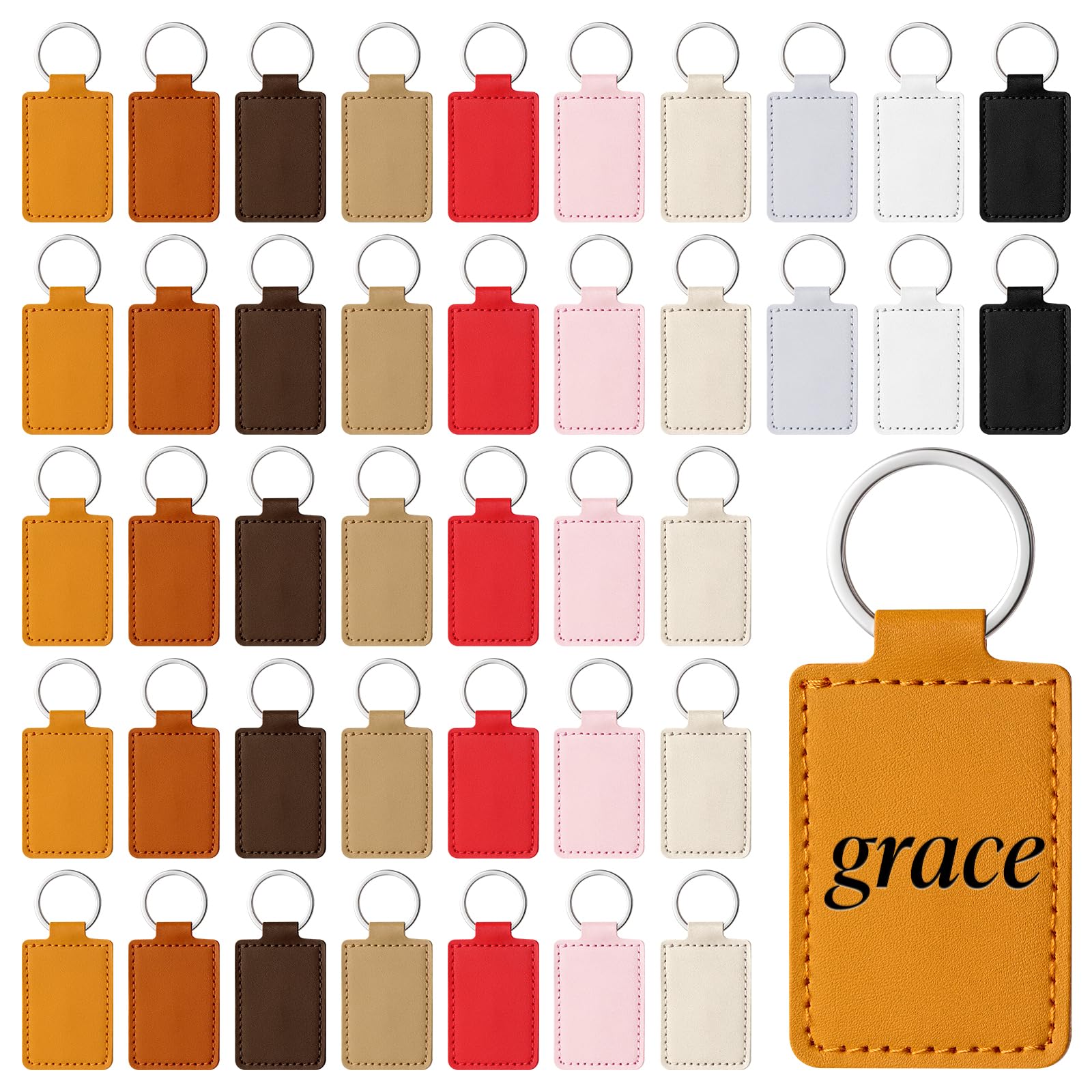 50 PCS PU Leather Keychain Blanks, Leather Key Fob Kit, Laser Engraving Keychain with Key Rings, Stamping DIY Crafts for Working, 10 Colors