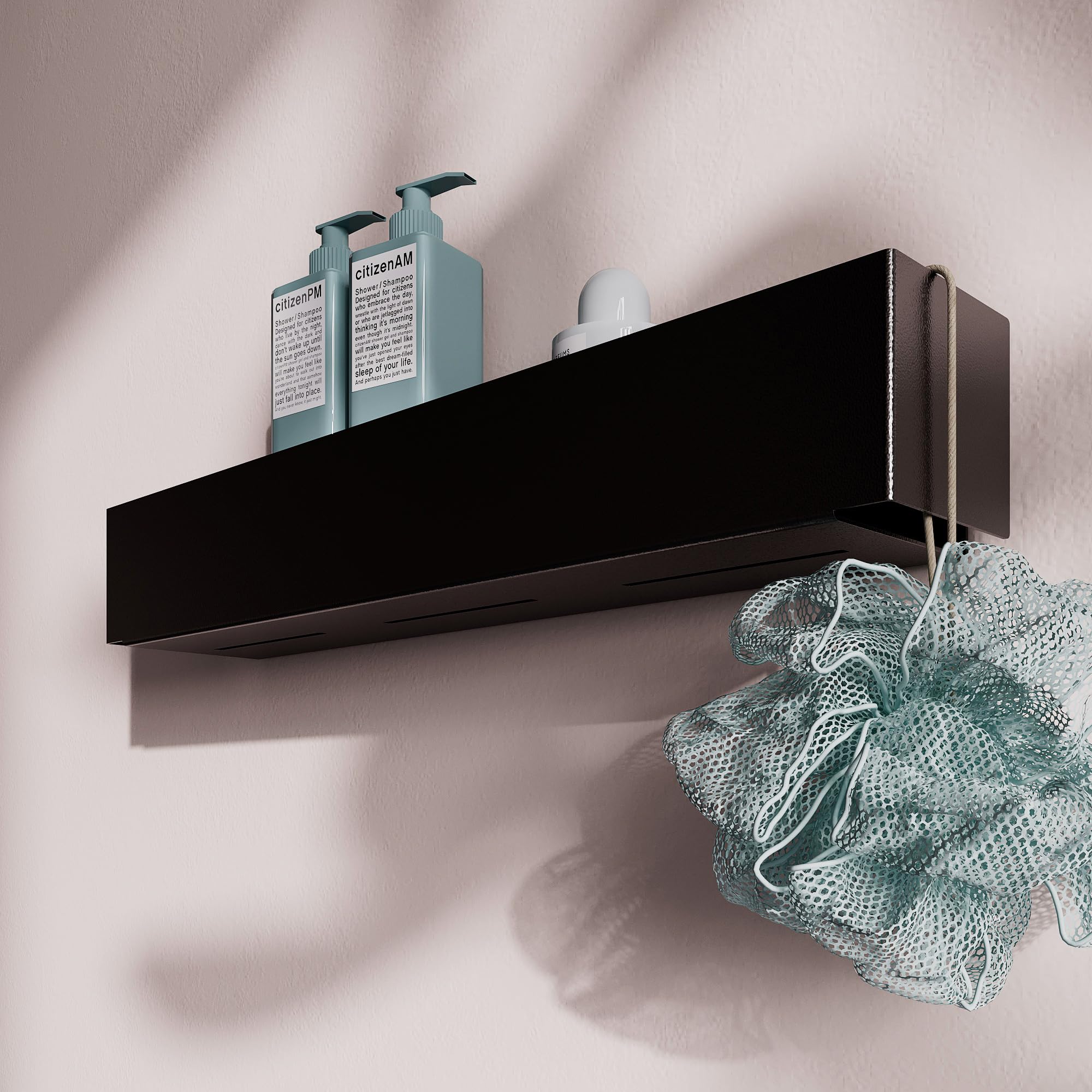 Estantería de ducha moderna negra 50x10x8 cm – Estante baño pared sin taladro o con taladro, diseño minimalista en metal con recubrimiento en polvo, resistente y elegante para baño contemporáneo
