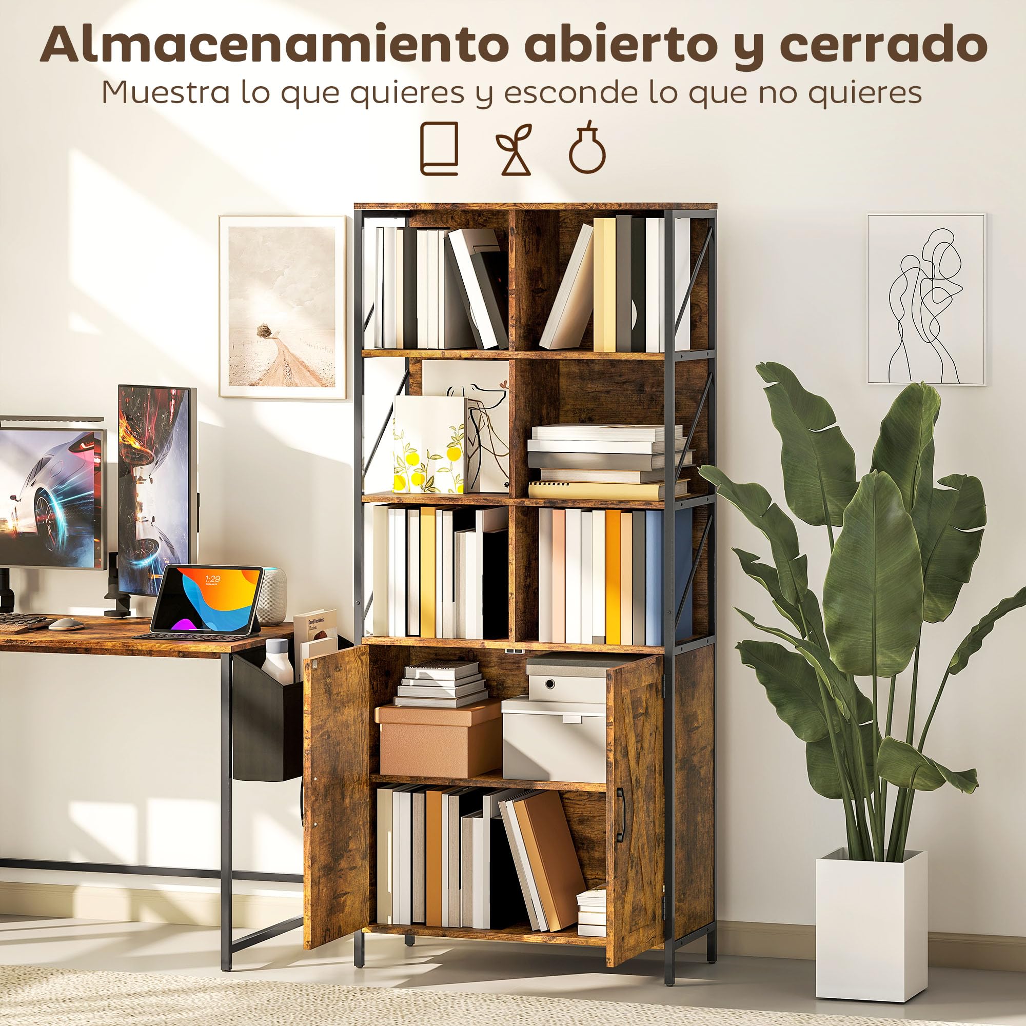 HOMCOM Librería de 6 Niveles Estilo Industrial 75x34x172 cm Marrón Rústico | Estantería de Libros Organizador, 6 Compartimentos Abiertos, 2 Puertas, Estante Ajustable, Salón Oficina Dormitorio