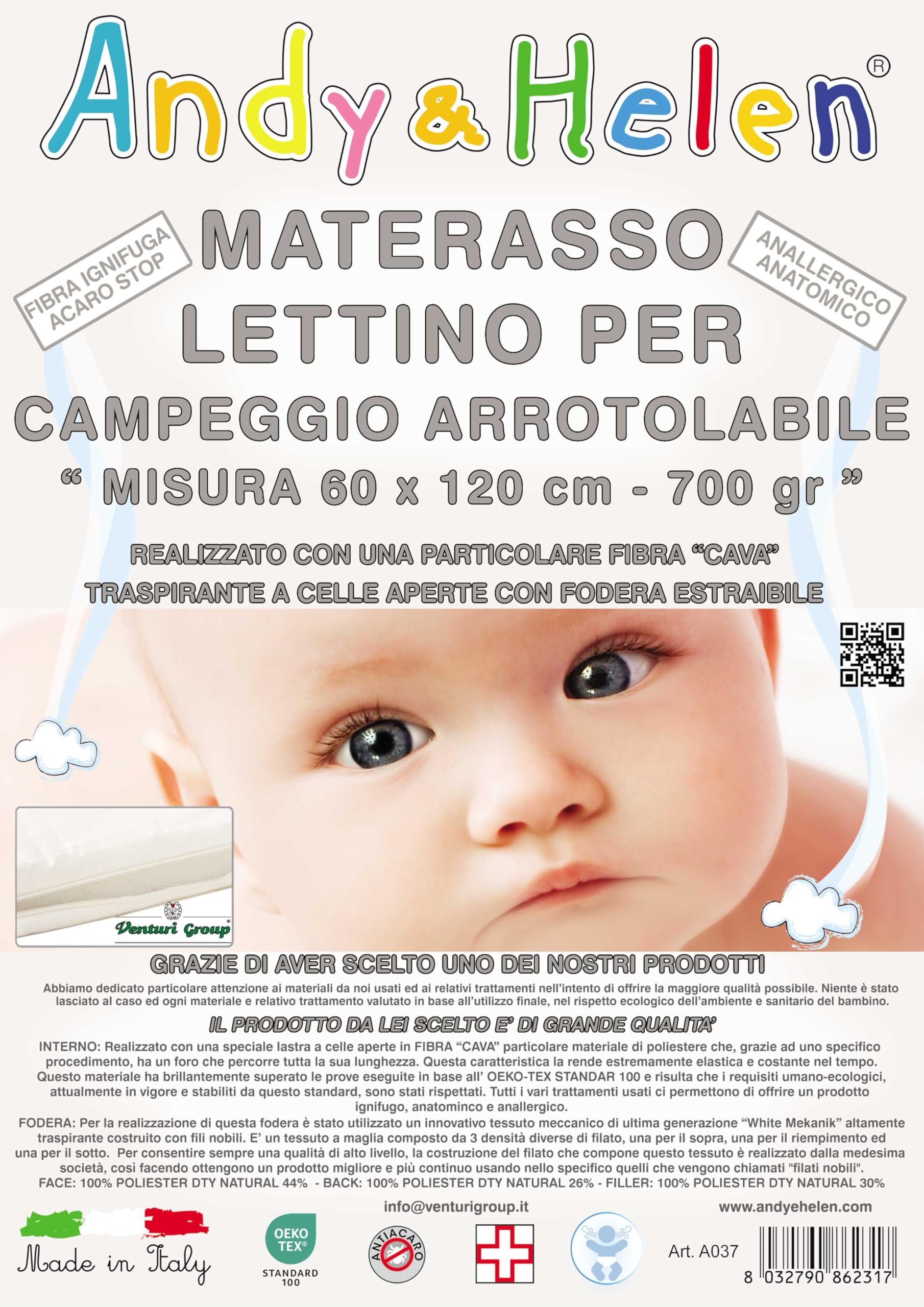 Andy & Helen - Materasso lettino sfoderabile multiuso, con fodera traspirante. Misure: 60x120x5 cm adatto anche a lettini da campeggio