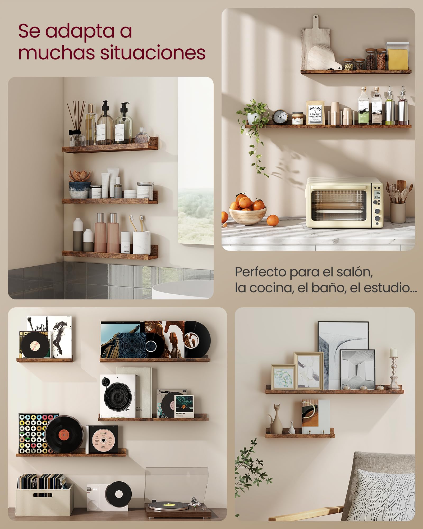 VASAGLE Custos Colección - Juego de 3 Estantes Murales, Estanterías de Pared de Madera para Marcos de Fotos y Libros, Estilo Moderno, para Baño, Cocina y Sala de Estar, Marrón Rústico LWS037X01