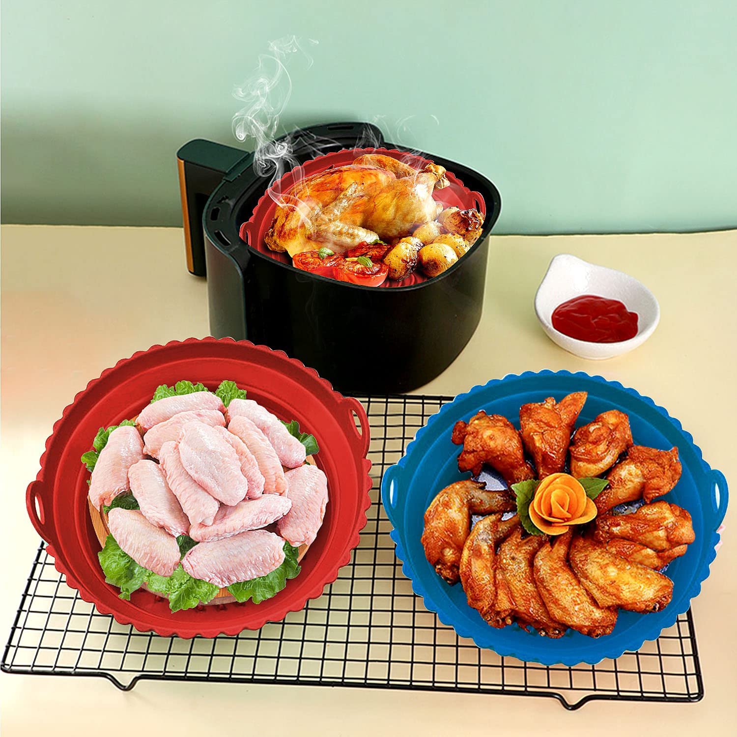 Set 2 Teglie In Silicone Per Friggitrice Ad Aria Riutilizzabili - Accessori Per Forno, Microonde, Nero, Antiaderente - Foto 8