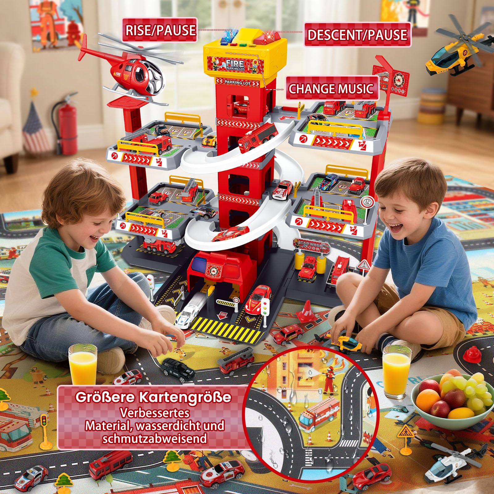 BuzzoXerex 5-stöckige Parkgarage für Kinder, Rennbahn mit 14 Spielzeugautos & 3 Hubschraubern, Parkhaus mit Aufzug, Autorennbahn & Licht‑Sound, Geschenk für Kinder 5–9 Jahre (Brandbekämpfung)