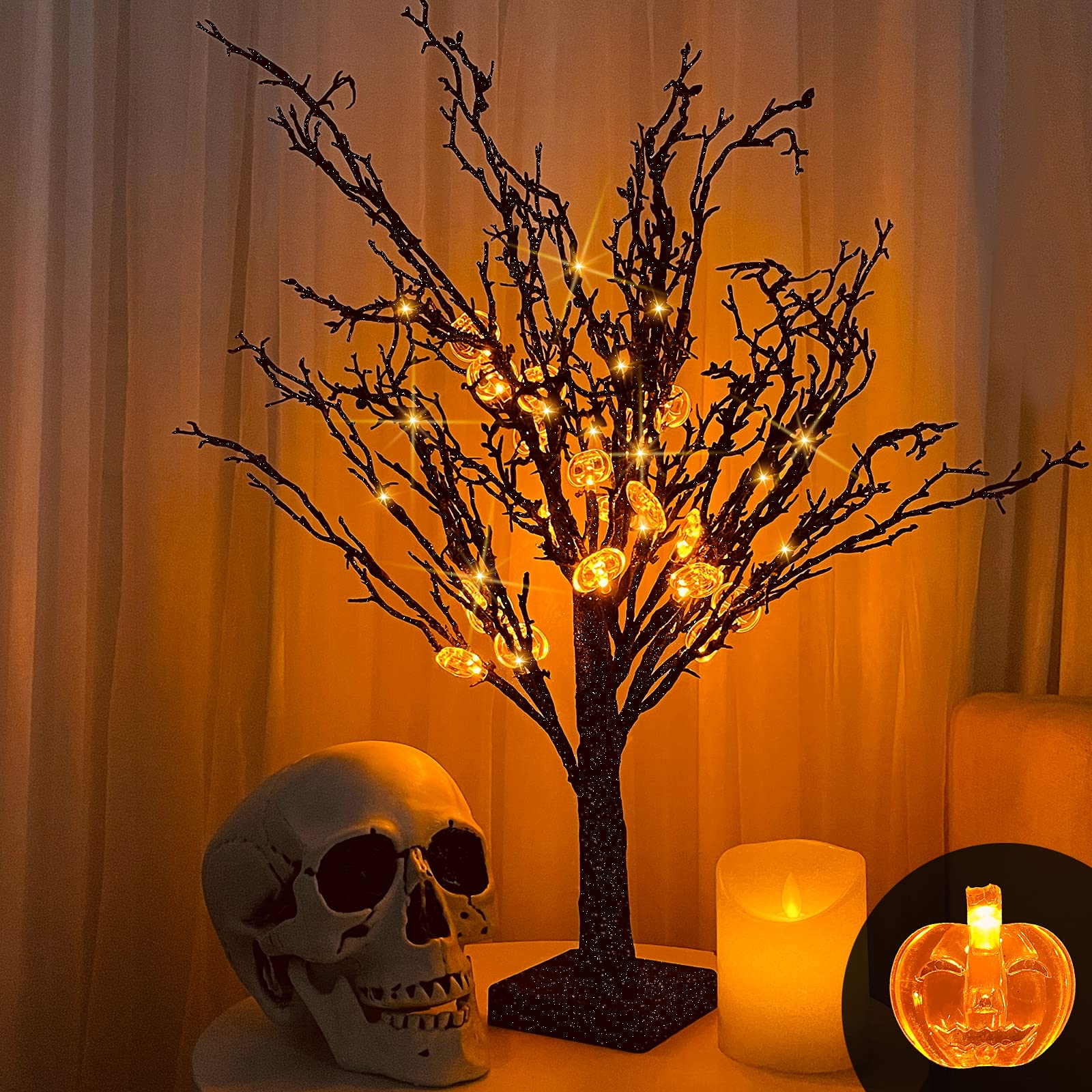 TURNMEON2Ft Prelit Halloween Dead Tree with Timer 24 Orange LED 25 Pumpkin Lights Jack-O-Lantern Battery Powered Black Spooky Tree Scary Ornament Halloween Decoration Tabletop Indoor Party Home