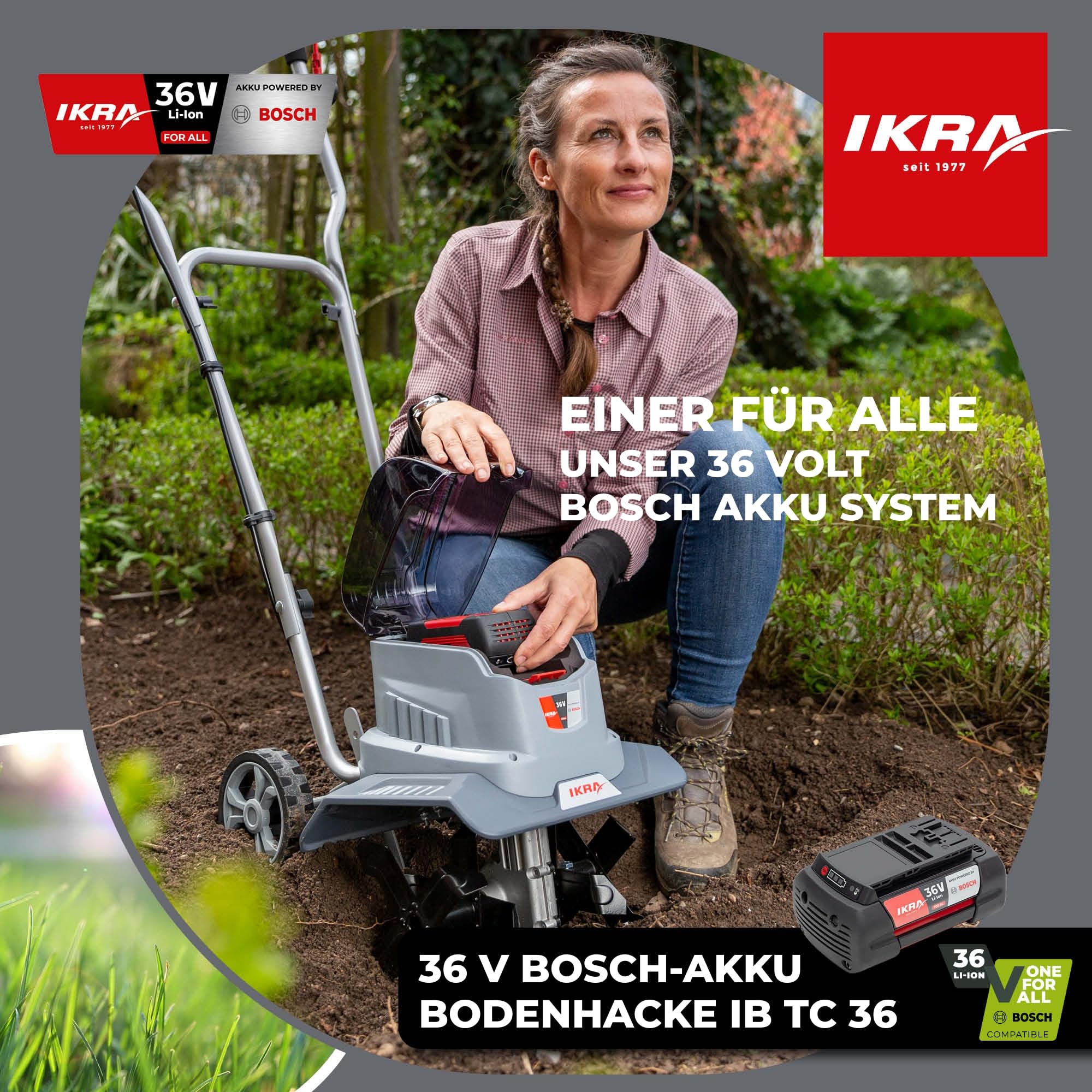IKRA Bodenhacke Motorhacke IB-TC 36, ohne 36V Akku & Ladegerät | Kompatibel mit Bosch, bürstenloser Motor, 2 Arbeitsbreiten 18-30 cm, Arbeitstiefe bis 20cm, inkl. Bremssporn & Transporträder