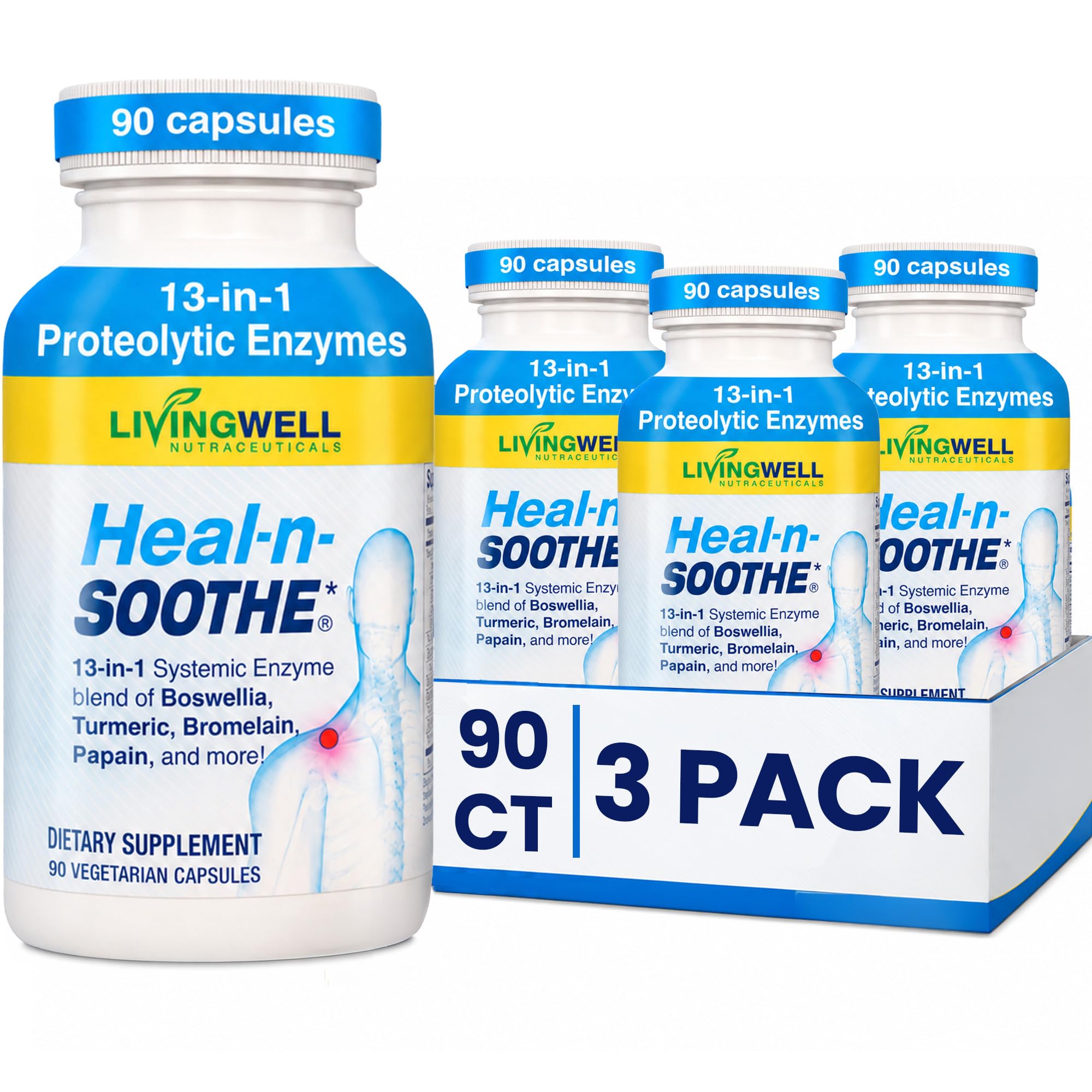 HEAL-N-SOOTHE Suplemento articular de multi-enzimas com bromelina, papaína, boswellia, cúrcuma e gengibre - 270 cápsulas
