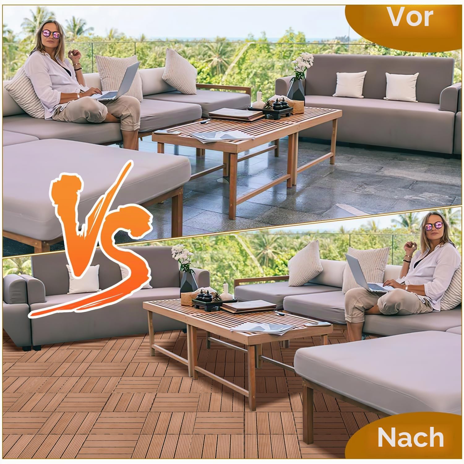 Gimisgu WPC Fliesen 30x30cm, WPC Terrassenfliesen Bodenbelag Klickfliesen Fliese, Wetterfest mit Drainagefunktion, Terrassendielen für Balkon Terrasse 22 Stück/2m², Braun