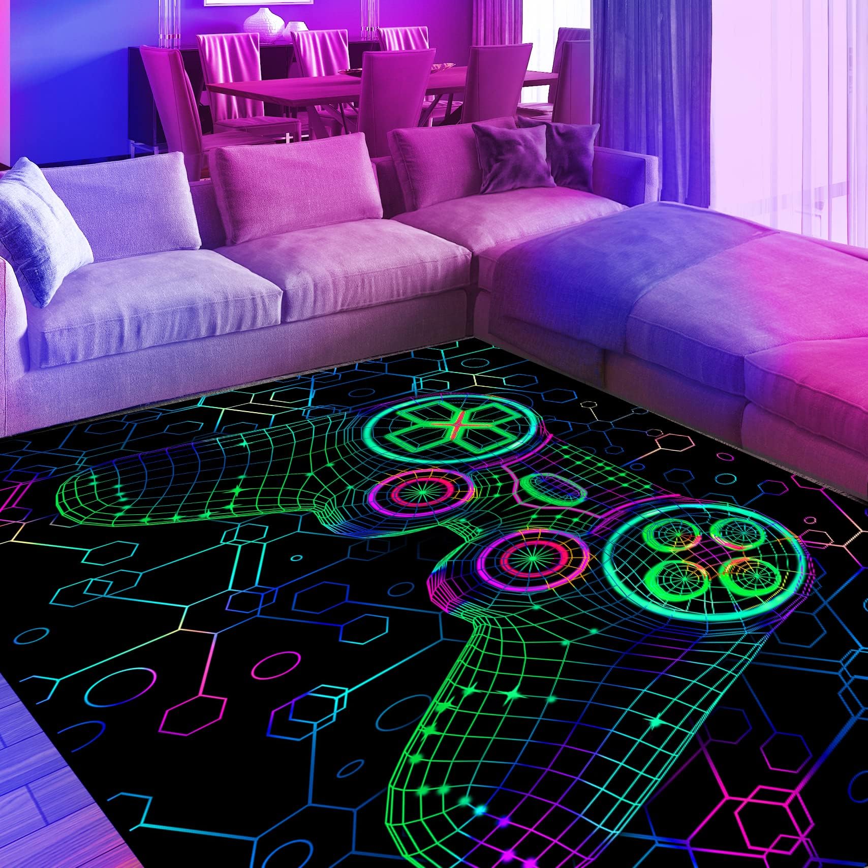 HOLAVIDA Tappeto per Giochi Neon, 3D Tappeto Reattivo ai Raggi UV del Controller di Gioco, Tappetino Fluorescente Antiscivolo per Pavimenti, Decorazione per la Sala Giochi dei Bambini, 180x120cm