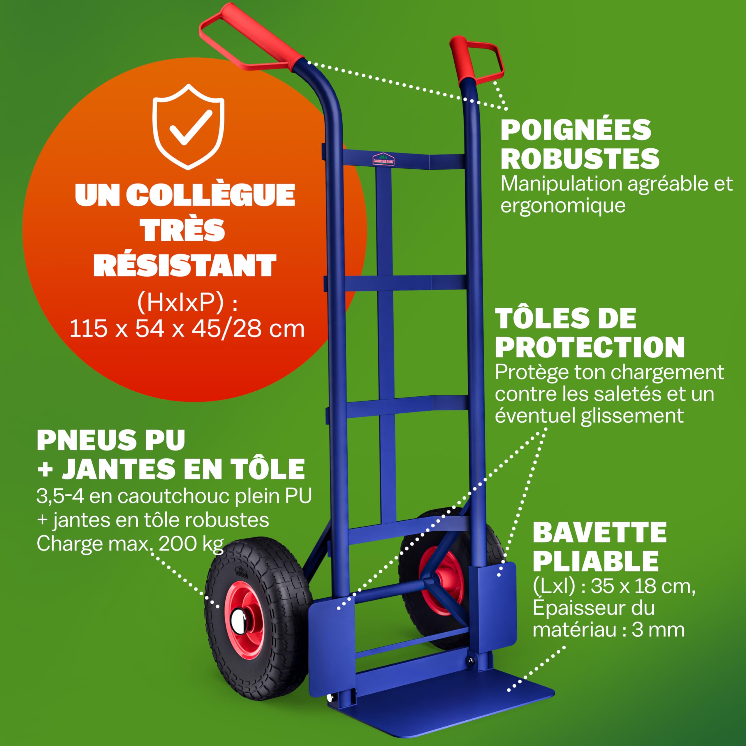 GARDEBRUK® Diable Pliant pneus Pleins PU increvable Max. 200kg déménagement Charge Lourde Atelier Diable de manutention Chariot Transport