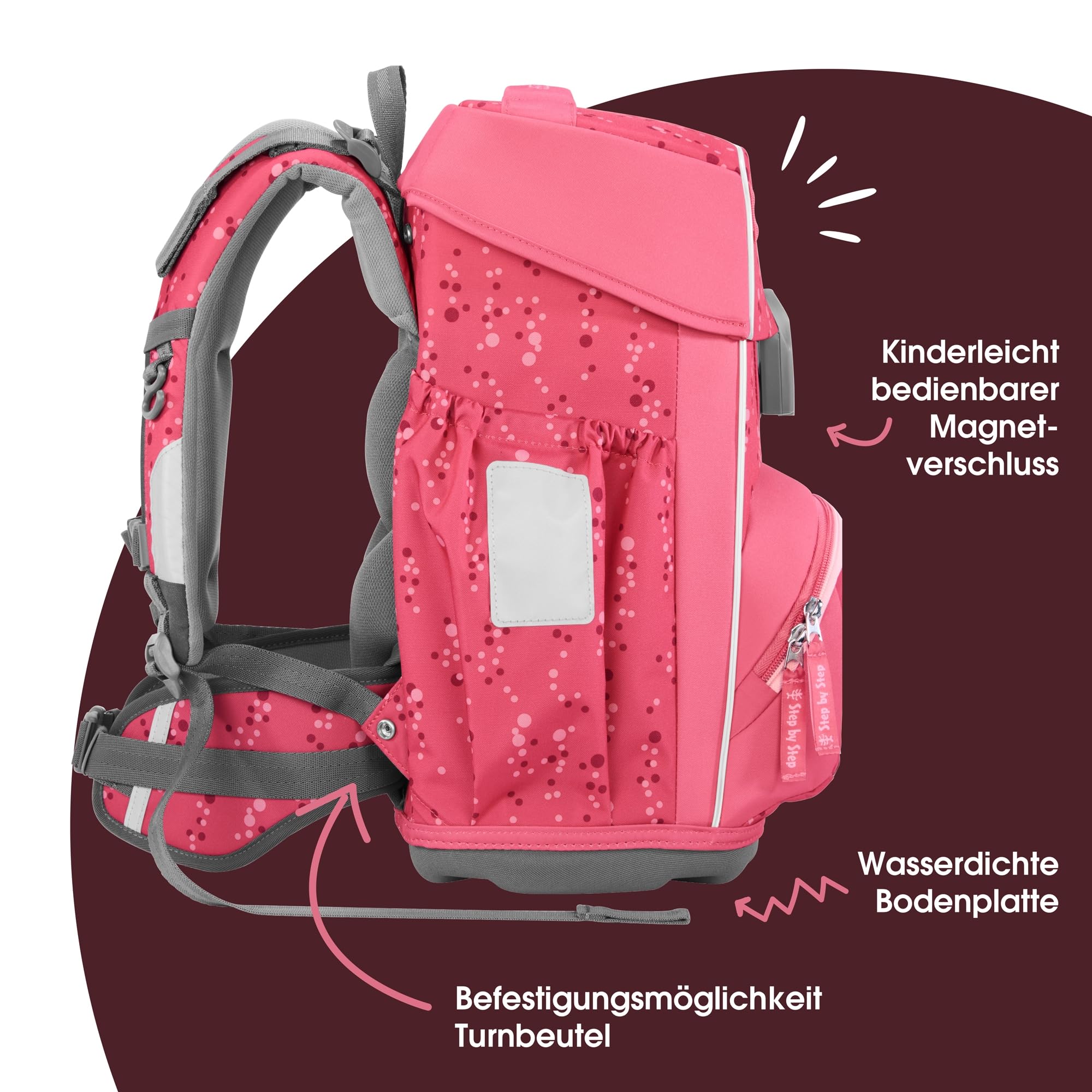 Step by Step Basis Schulranzen-Set „Pink Bubbles“, 4-teilig, rosa, ergonomischer Tornister mit Reflektoren, Hüft- und Brustgurt, für Kinder ab der 1. Klasse, 20 Liter