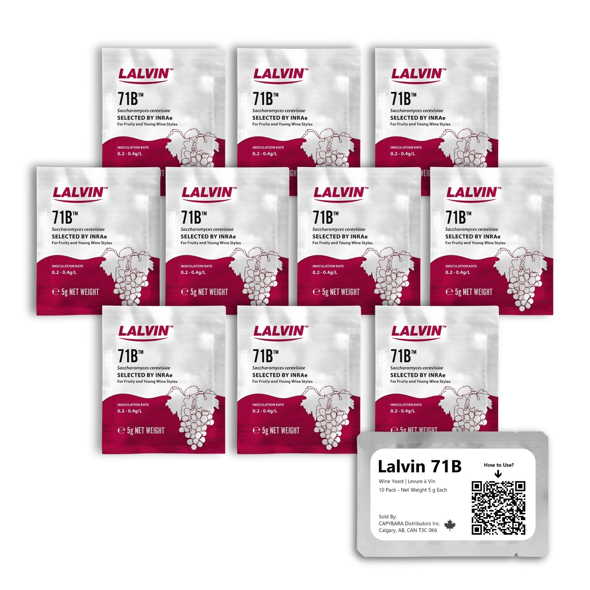 Lalvin 71B Wine Yeast (10 Pack) - Make Wine Cider Mead Kombucha At Home - 5 g Sachets - Saccharomyces cerevisiae - Sold by CAPYBARA Distributors Inc.