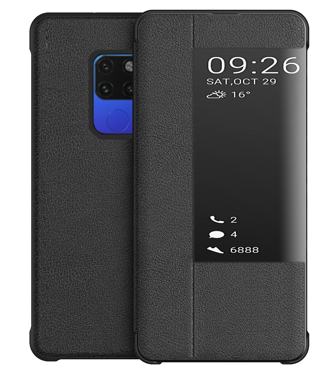 KANSI compatible for Huawei Mate 20 Case, Smart View Flip PU Leather Case Cover + Tempered Glass - Black