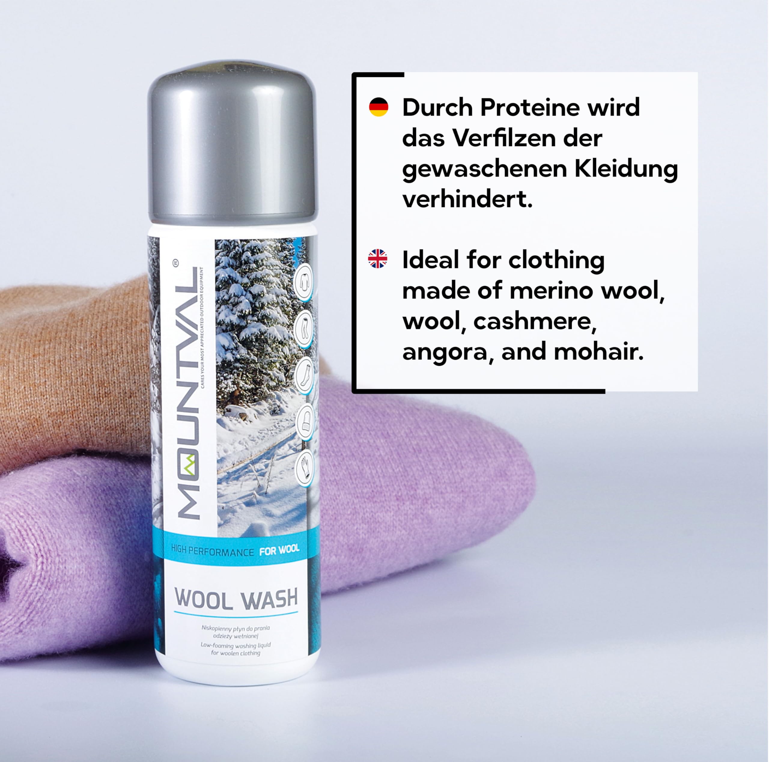 Mountval Wool Wash | Wodoodporny Detergent do Wełny Merino, Kaszmiru, Wełny, Angory i Mohairu | Do Swetrów, Skarpet, Czapek, Rękawiczek | Do Membrany Gore-Tex | Wszystkie Kolory Prania