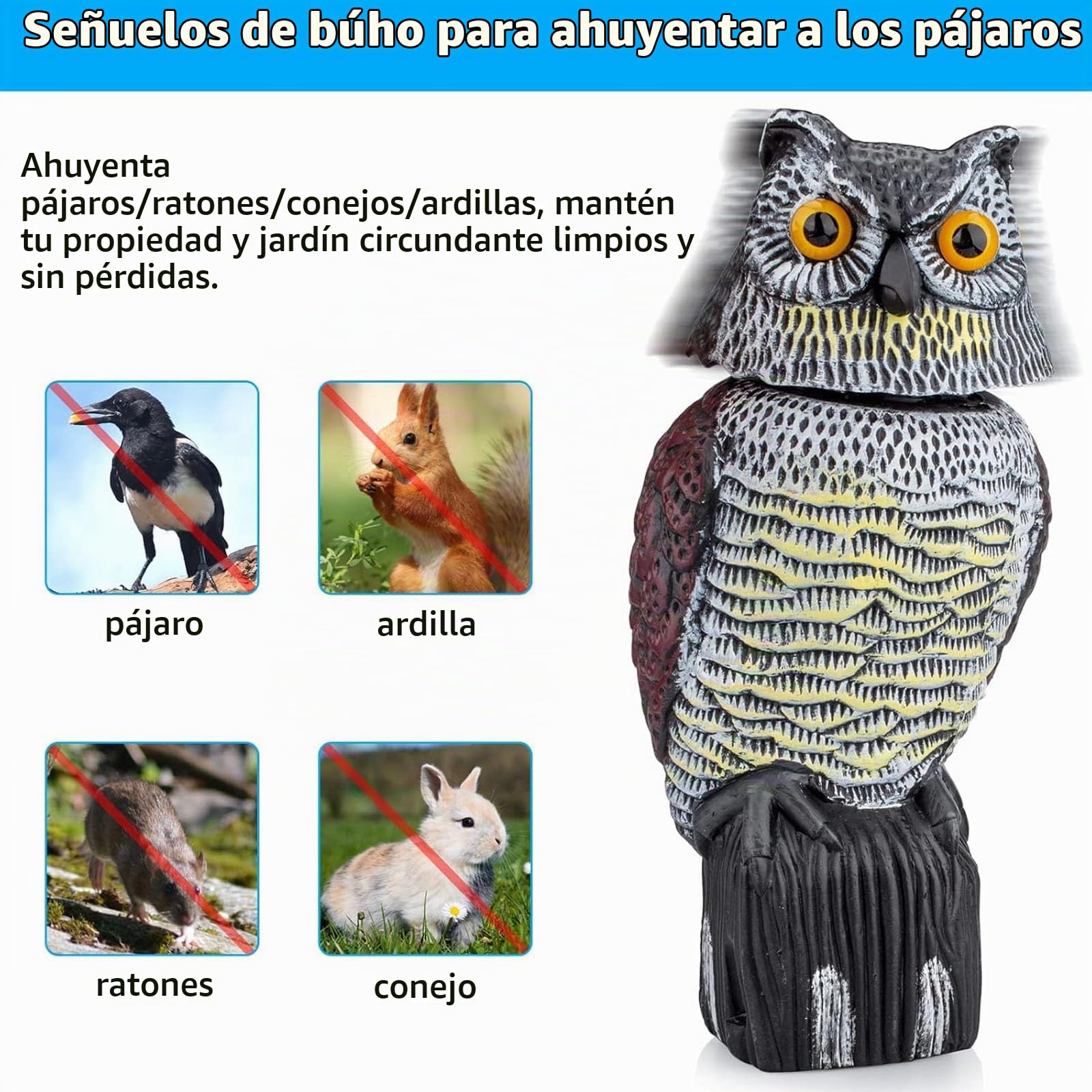 Wing Ahuyentador De Pajaros, Buho Espanta Palomas, Buho Espantapajaros con Sonido Y 360° Cabeza Giratoria, Control De Aves para JardíN, Patio, Granja Etc