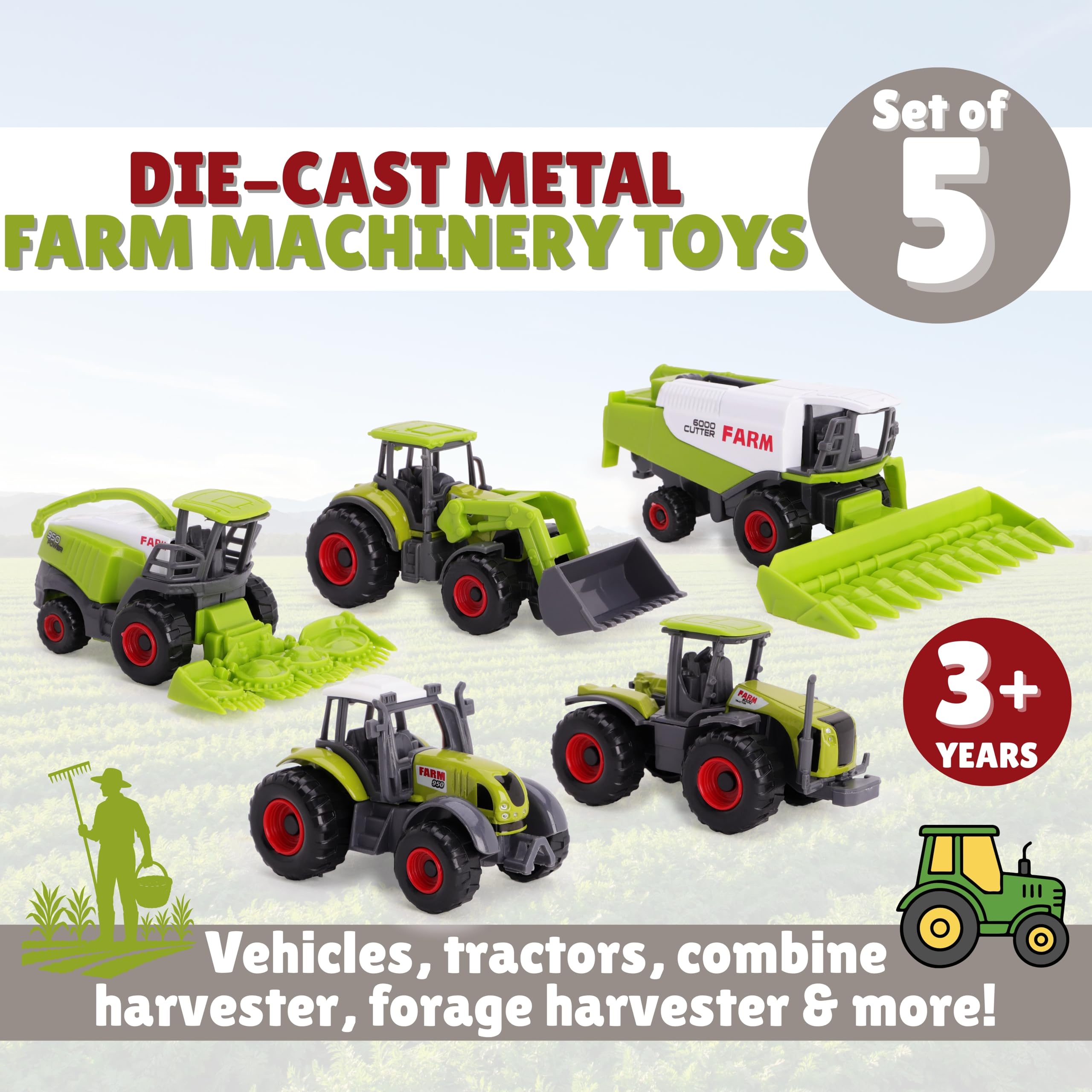 Toyland® Set di 5 giocattoli per macchine agricole in metallo pressofuso verde - circa 4,5 cm ciascuno - Include trattori, mietitrebbie e altro!