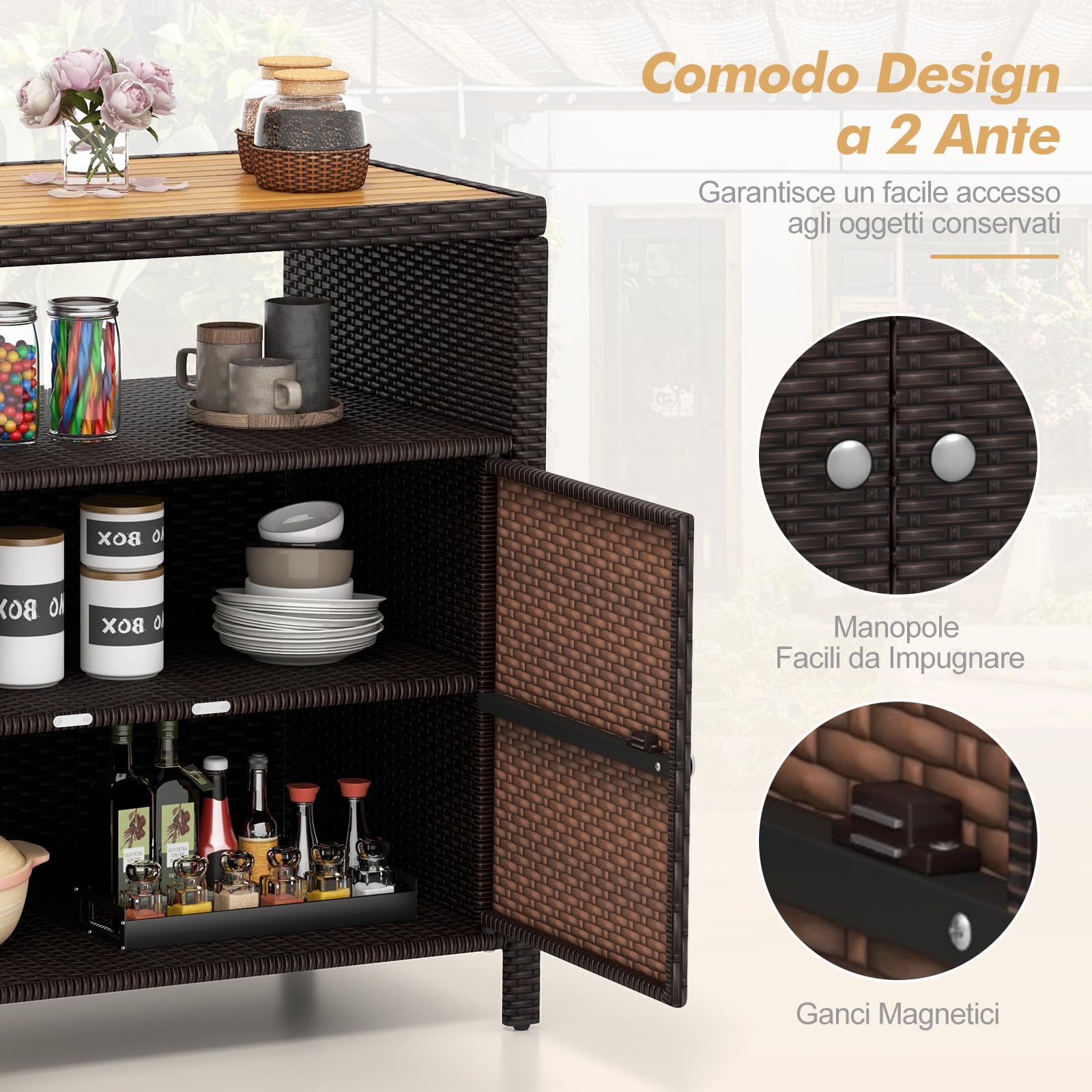 COSTWAY Armadietto Portaoggetti in Rattan, Mobile Buffet per Esterni in Legno di Acacia, Con Compartimento Aperto e Armadio Chiuso a 2 Ante, per Piscina, Terrazza e Patio, 90 x 53 x 86 cm (Marrone)