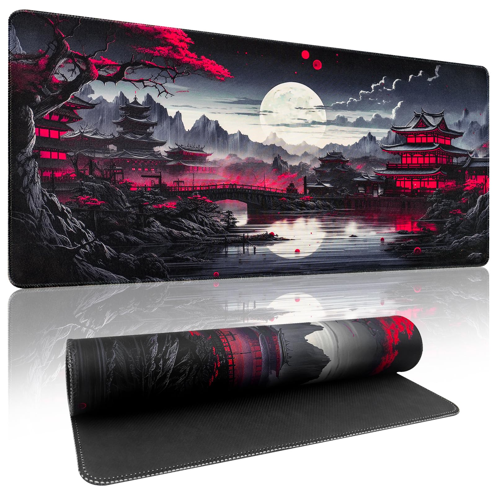 Zindoo Tappetino Mouse XXL 900x400x3mm Tappetino Mouse Gaming, Stile Anime Nero Giapponese, Base Antiscivolo, Tracciamento Ad Alta Precisione per Computer e Ufficio