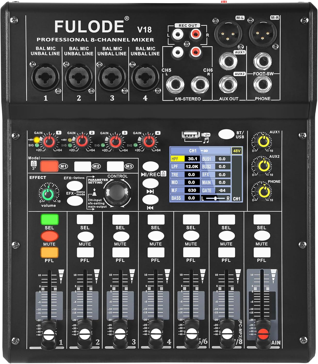 Digital Mixer 8 Channel Compact Audio Mixing Console with 16 DSP Effects, Professional 6-Band EQ DJ Music Sound Mixer with 2.0 USB Port, Bluetooth & PC Debugging for Recording Live Performance