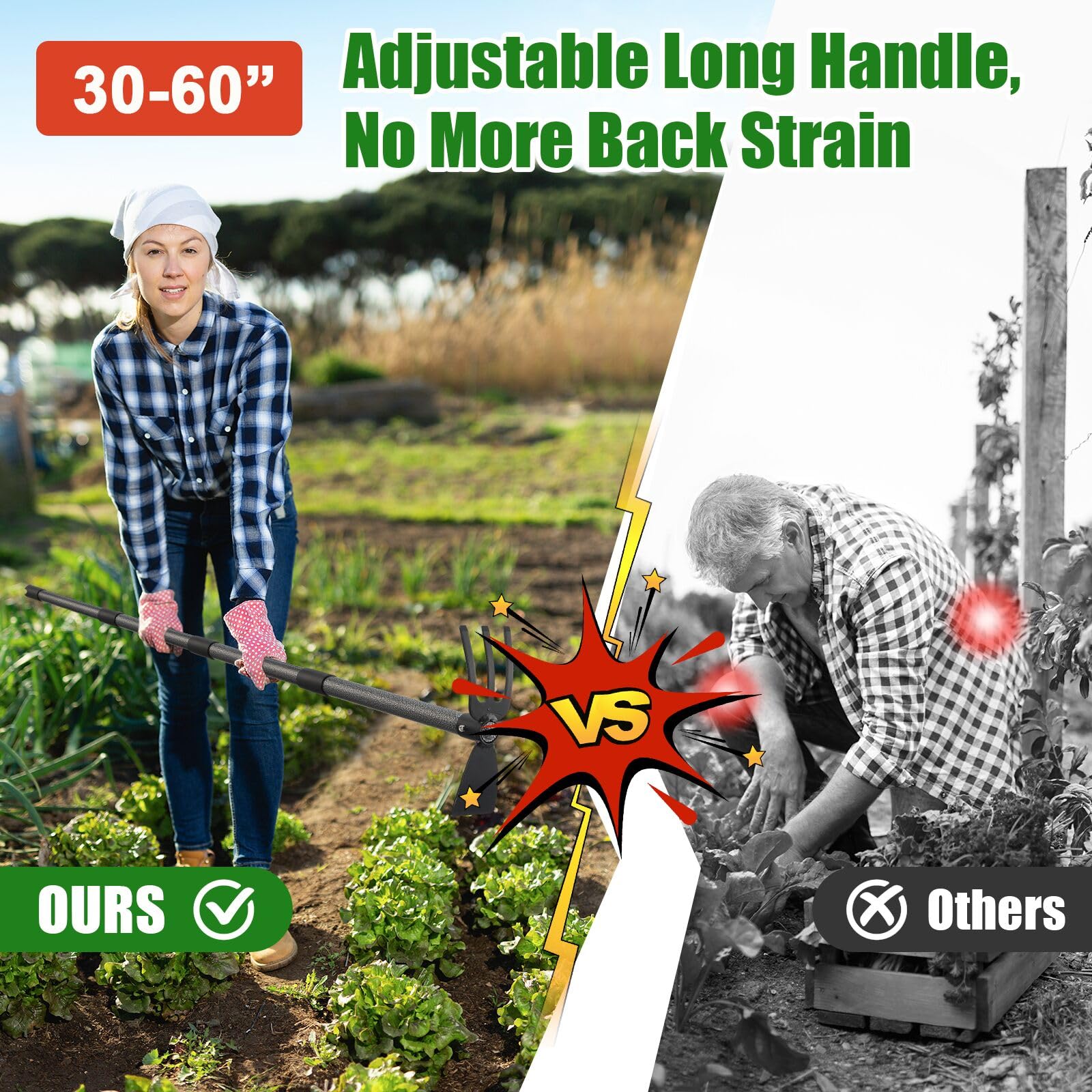 Hoe Garden Tool - Azadas de malezas 2 en 1 resistentes con rastrillo cultivador de cultivador, azada de jardín de 60 pulgadas, mango largo para desmalezar, herramientas de mano para