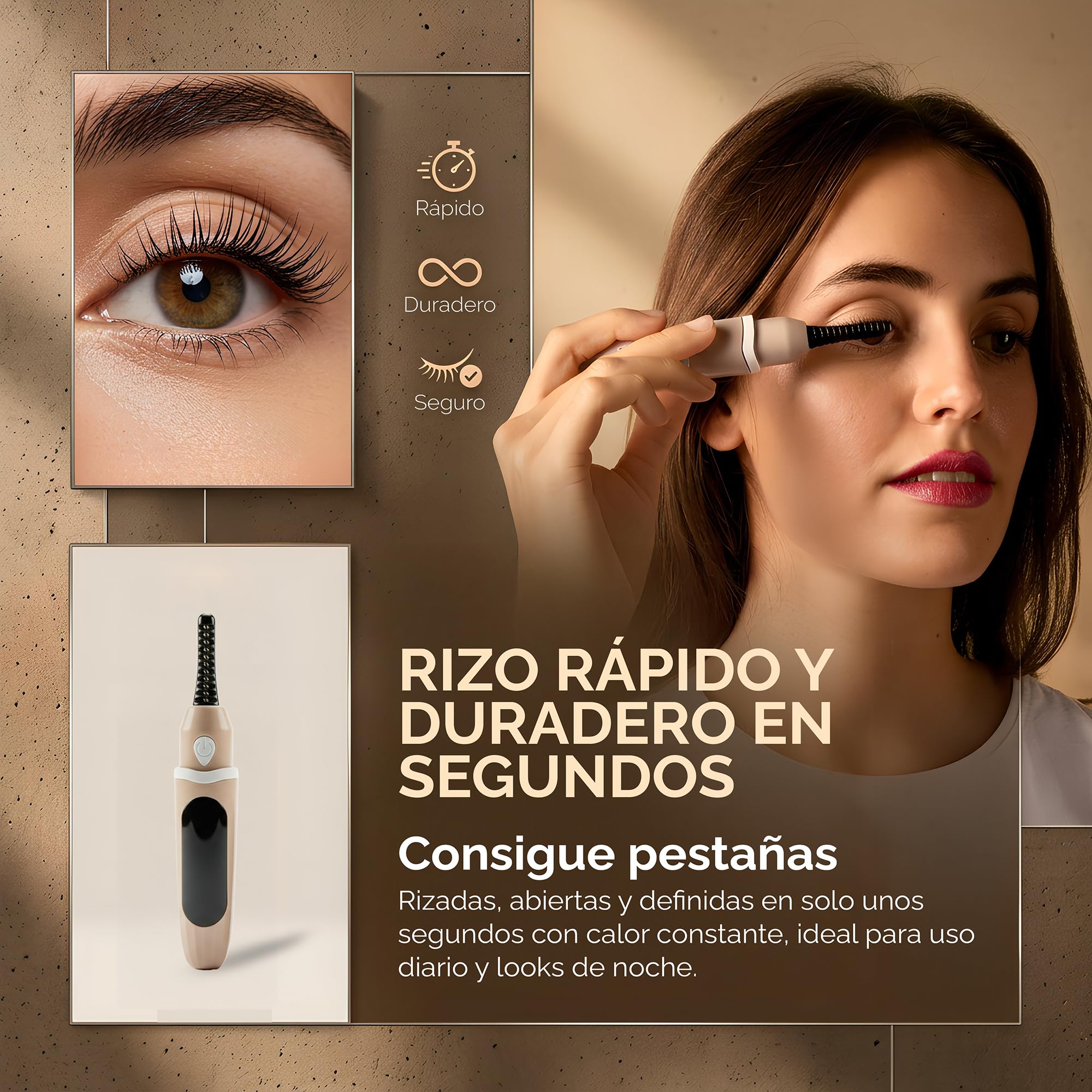 Nyra Rizador de Pestañas por Calor Eléctrico – 3 Niveles de Temperatura (65°C/85°C/95°C) – Recargable por USB, Portátil, Batería 150mAh, Rizado Duradero y Natural en Segundos