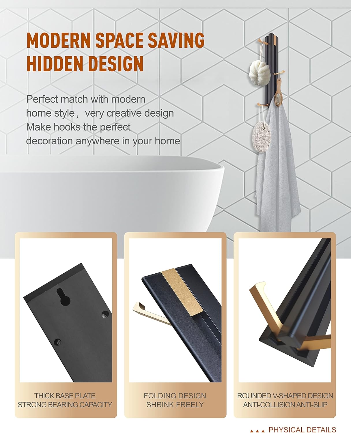 Waterproof Black Gold Wall Hook - Foldable Bathroom Hooks, Thick Bath Coat Hook, Heavy Duty Adhesive Towel Hook for Hanging Towels, Hats