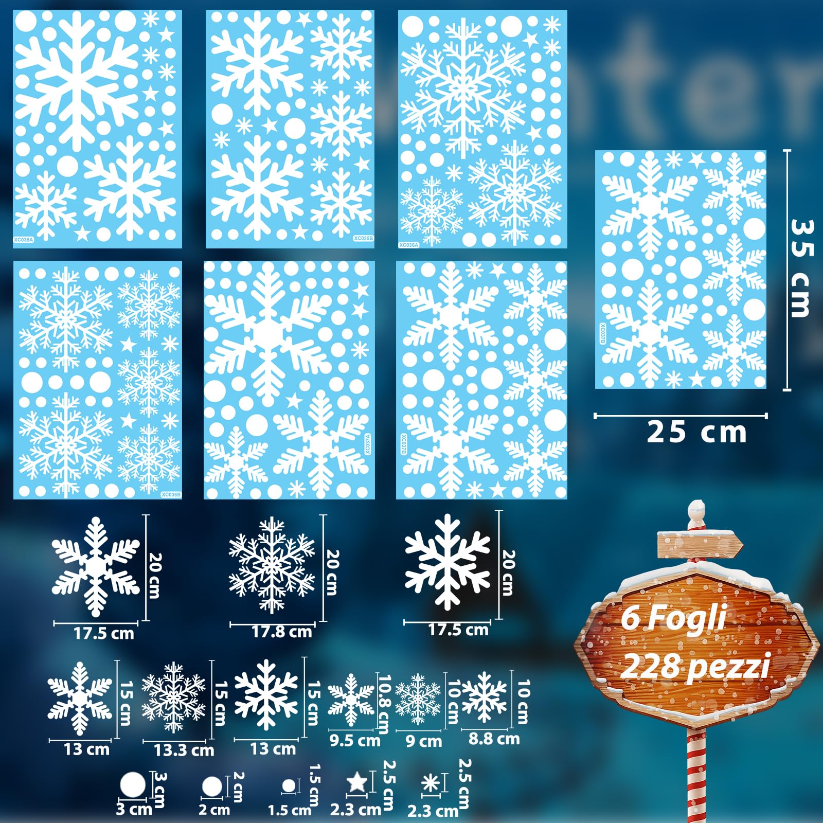 Niviy Vetrofanie Natalizie, 228 Pezzi Adesivi Natalizi per Finestre Riutilizzabili,6 Fogli Adesivi Finestre con Grande Fiocchi di Neve, Rimovibile Decorazioni Natalizie Vetrine Statici in PVC