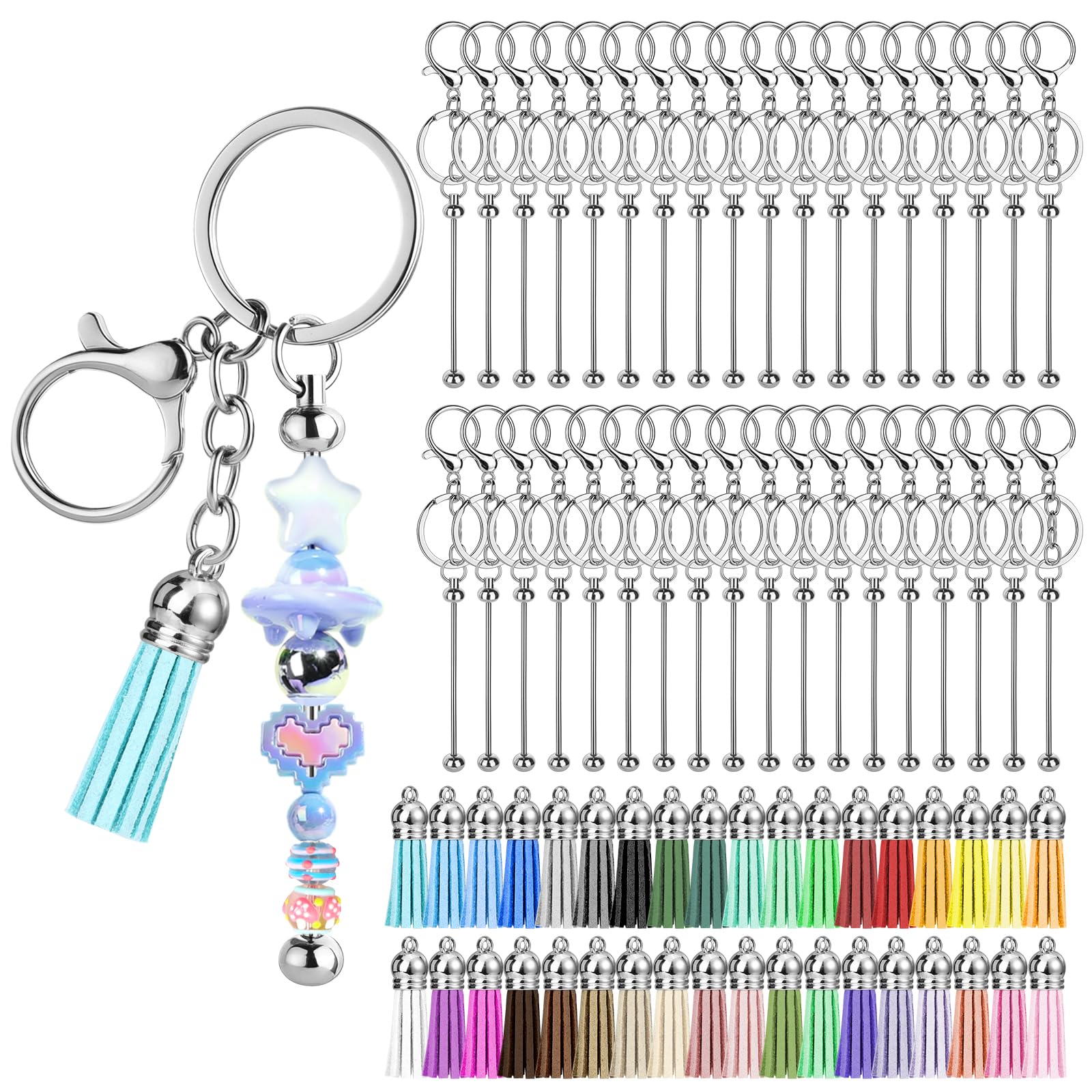 Photo 1 of **TASLES AND RINGS MISSING**72 Pcs Beadable Keychains Bars, Included 36Pcs Beadable Keychains Bars Bulk Blank for Keychain Making and 36Pcs Colorful Leather Tassel, Keychain Making kit for DIY Crafts Women Men Gift (Rotundity)