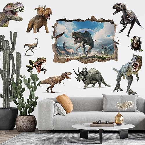 Miniatura 3 de Calcomanías de pared de dinosaurio 3D extraíbles, calcomanías de dinosaurio grandes, 10 unidades, calcomanías de pared de dinosaurio para niños