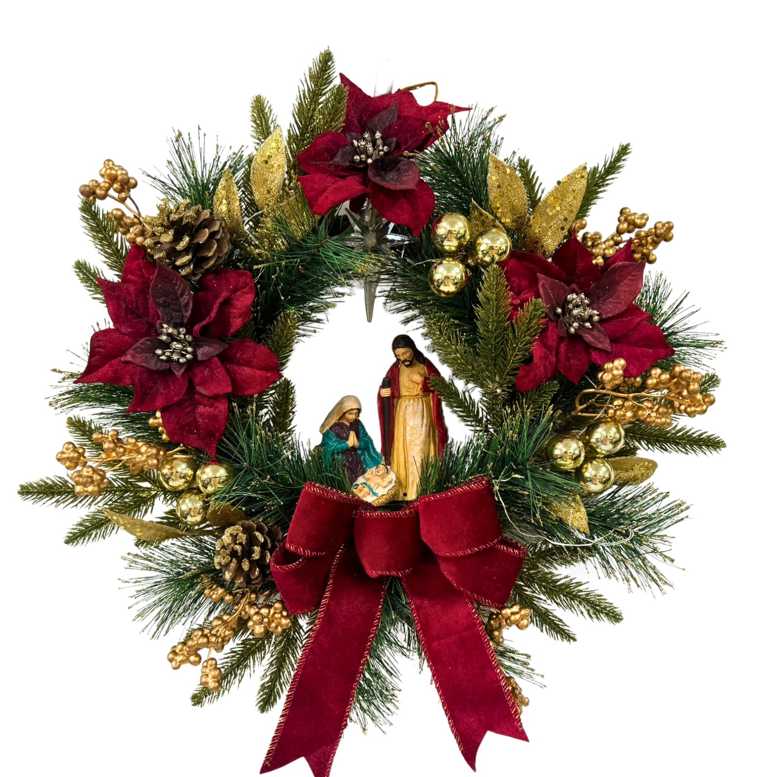 Svndlyn 22 Inch Pre-Lit Christmas Wreath With Jesus Figurine & Poinsettias - Nativity Scene Door Decor