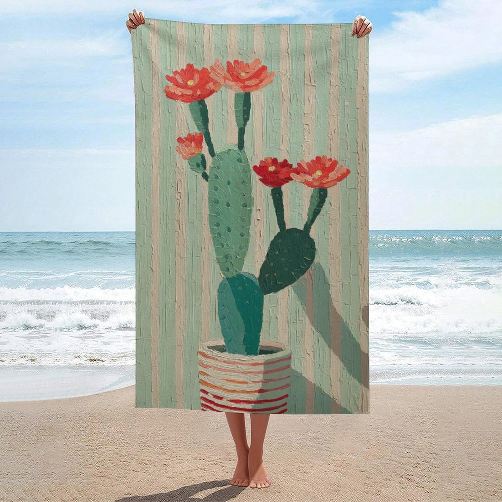 asbwuo Cactus with Red Flowers Beach Towel