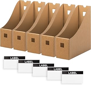 Kizneey Magazine File Holder Pack of 5 with 5 Labels - Premium Corrugated Cardboard Magazine Holder for Files, Papers, Documents & Stationary, Recyclable Magazine Rack for Home,Office Desk & Shelves